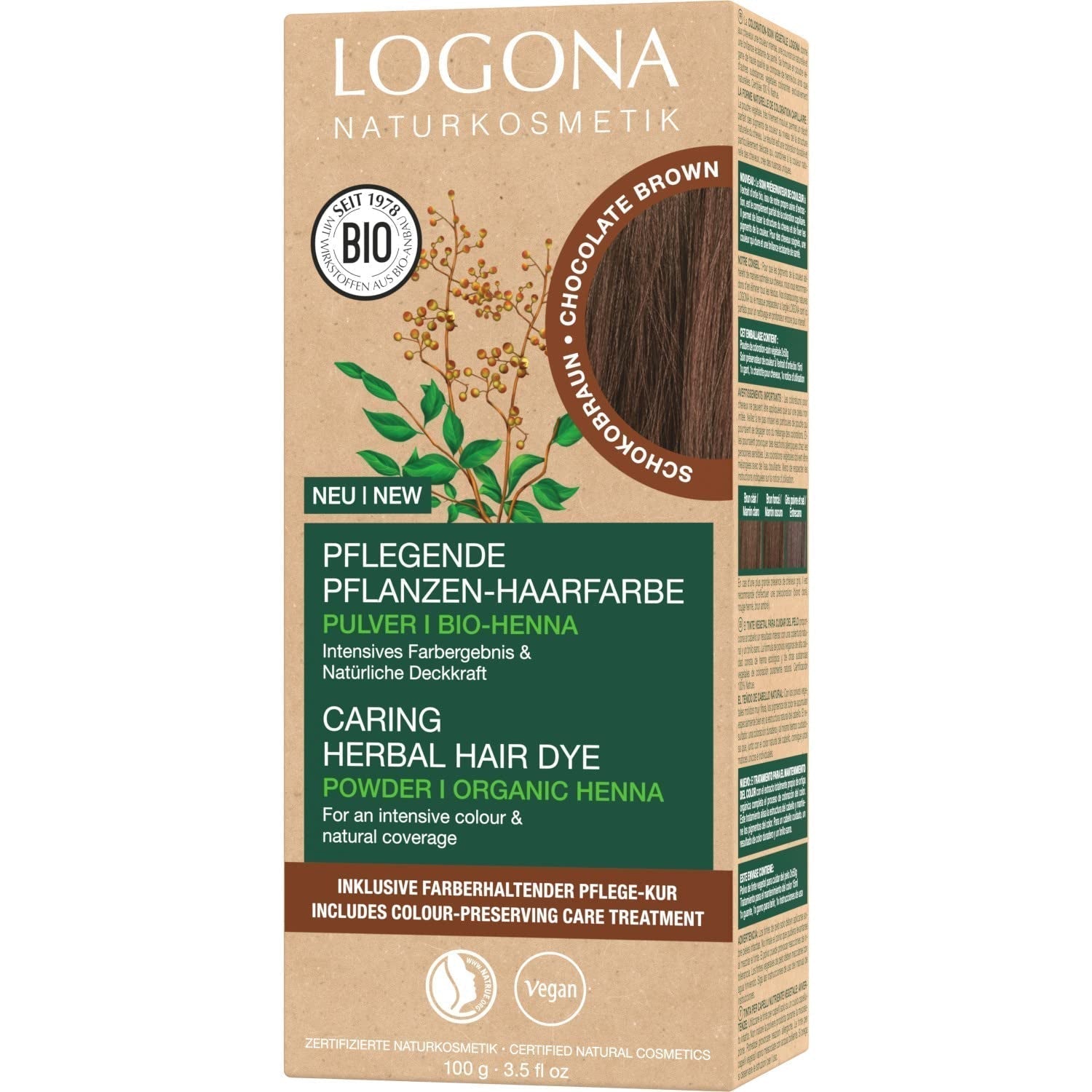 LOGONA Natural Cosmetics Teinture capillaire nourrissante à base de plantes, teinture capillaire végétalienne en poudre de henné biologique pour une couleur et une brillance intenses, teinture capillaire à base de plantes en blond cuivré (blond), 1 x 100 g Naty Shop Coloration capillaire marron chocolat 100 g (1 paquet)