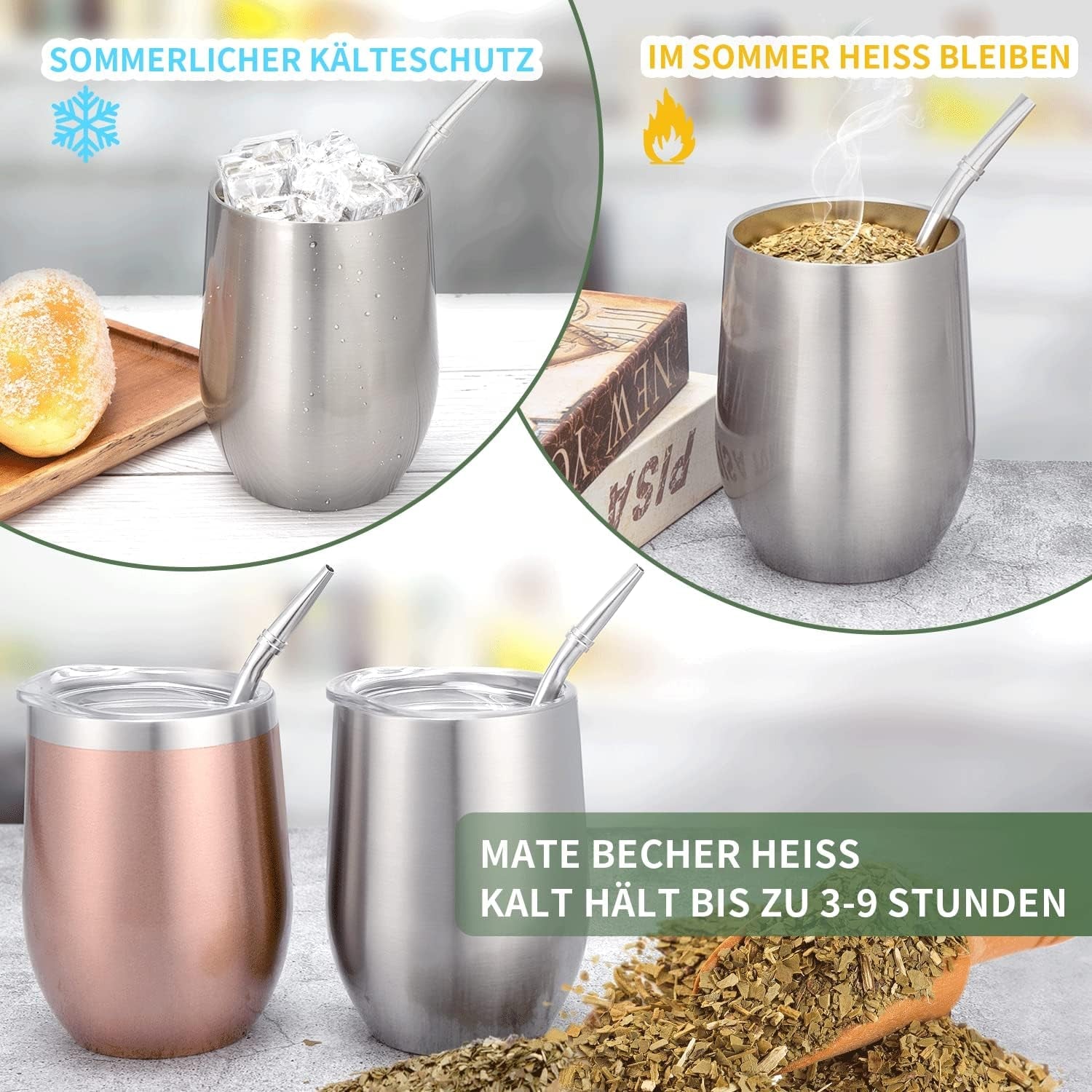 Tasse Mate moderne 340 ml, ensemble de tasses isothermes à double paroi en acier inoxydable Yerba Mate, tasse à thé Mate avec couvercle sans BPA, bombillas et brosse de nettoyage (argent)