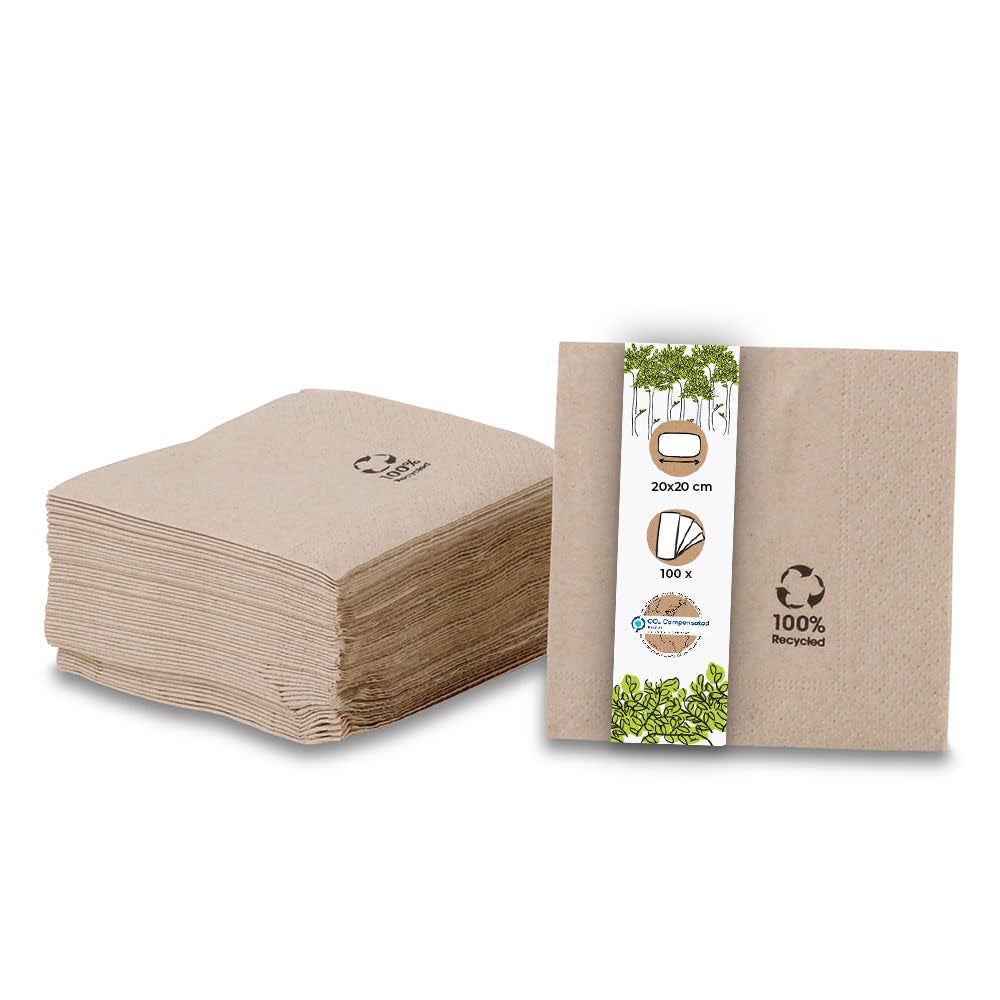 Serviettes écologiques biologiques fabriquées à partir de papier recyclé I Serviettes en papier de haute qualité 10 x 10 cm I 100 pièces Serviettes à cocktail non blanchies biodégradables compostables