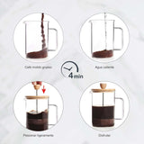 Cafetière française, presse à café, cafetière à piston, cafetière filtre française, 3 tasses, 0,35 l, acier et bois