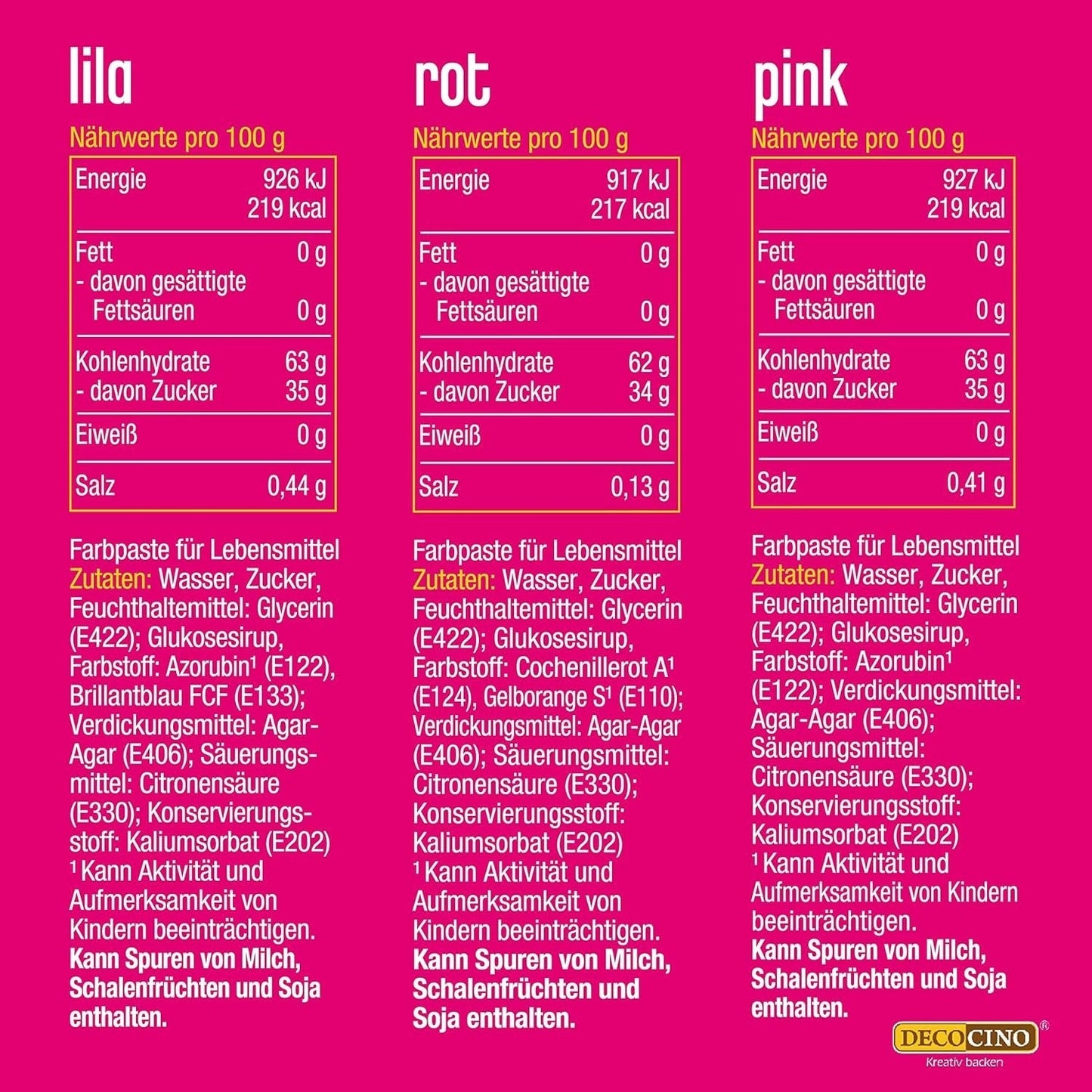 Decocino Neon Colorant Alimentaire Set - 3 Pièces - Rouge, Rose, Violet - Colorant Alimentaire Haute Dose - Pour Colorer Gâteaux, Muffins, Cupcakes - Sans Goût