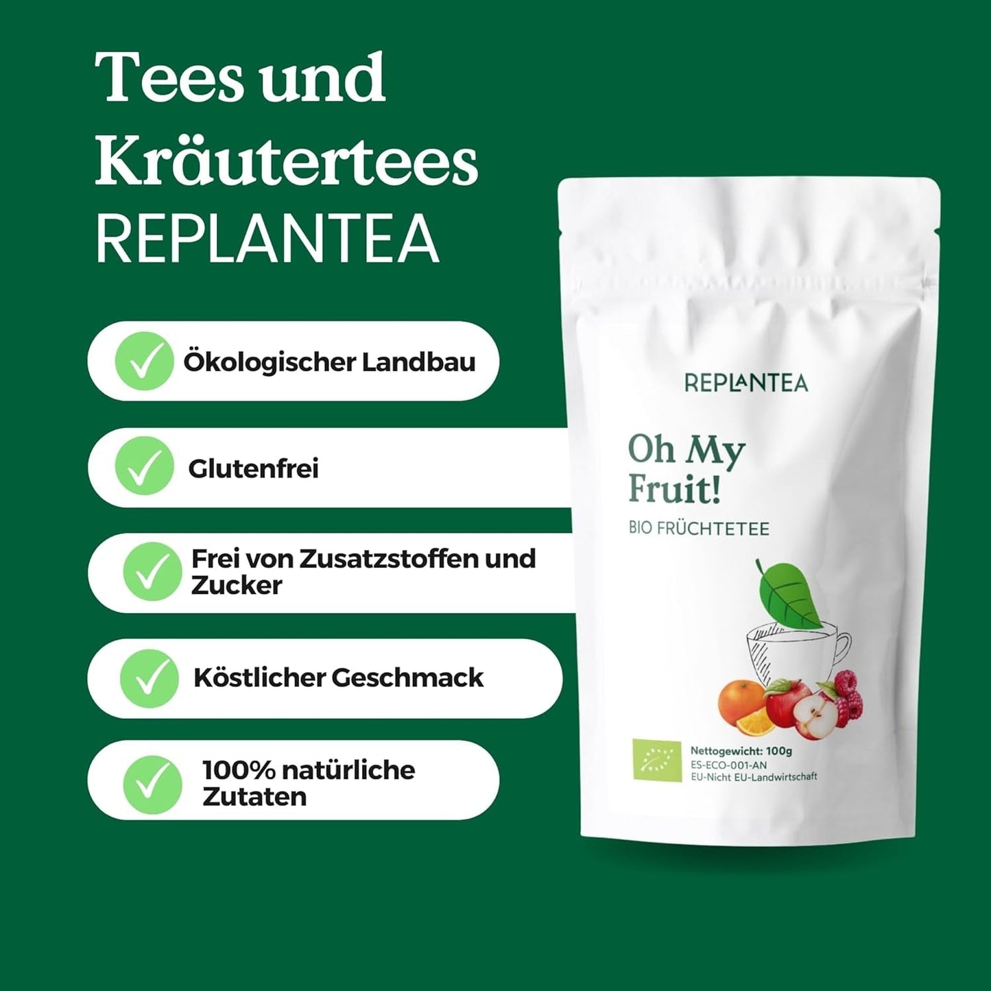 Thé aux fruits Oh My Fruit BIO 100 g (50 tasses) | Thé aux fruits en vrac avec pommes, hibiscus, framboises, oranges et feuilles de stévia REPLANTEA