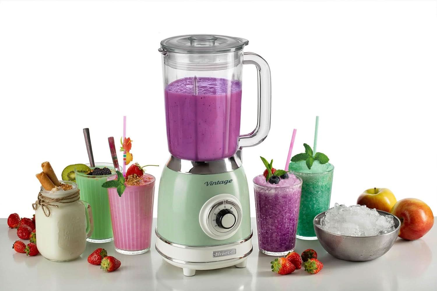 Ariete Vintage 583 Mixer Aus Glas, Retro Multifunktionsmixer Mit 4 Klingen, 4 Geschwindigkeiten + Pulse-Funktion, Ice-Crusher Function, 1,5 Liter Fassungsvermögen, 1000W, Green Kitchen Naty Shop
