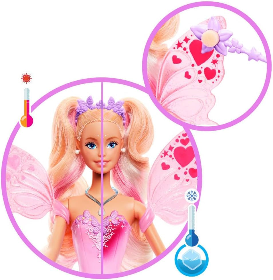 Mattel Poupée Barbie avec baguette magique et accessoires de mode, thème fantastique avec ailes et tenue changeante de couleur, JCP76, [multicolore]