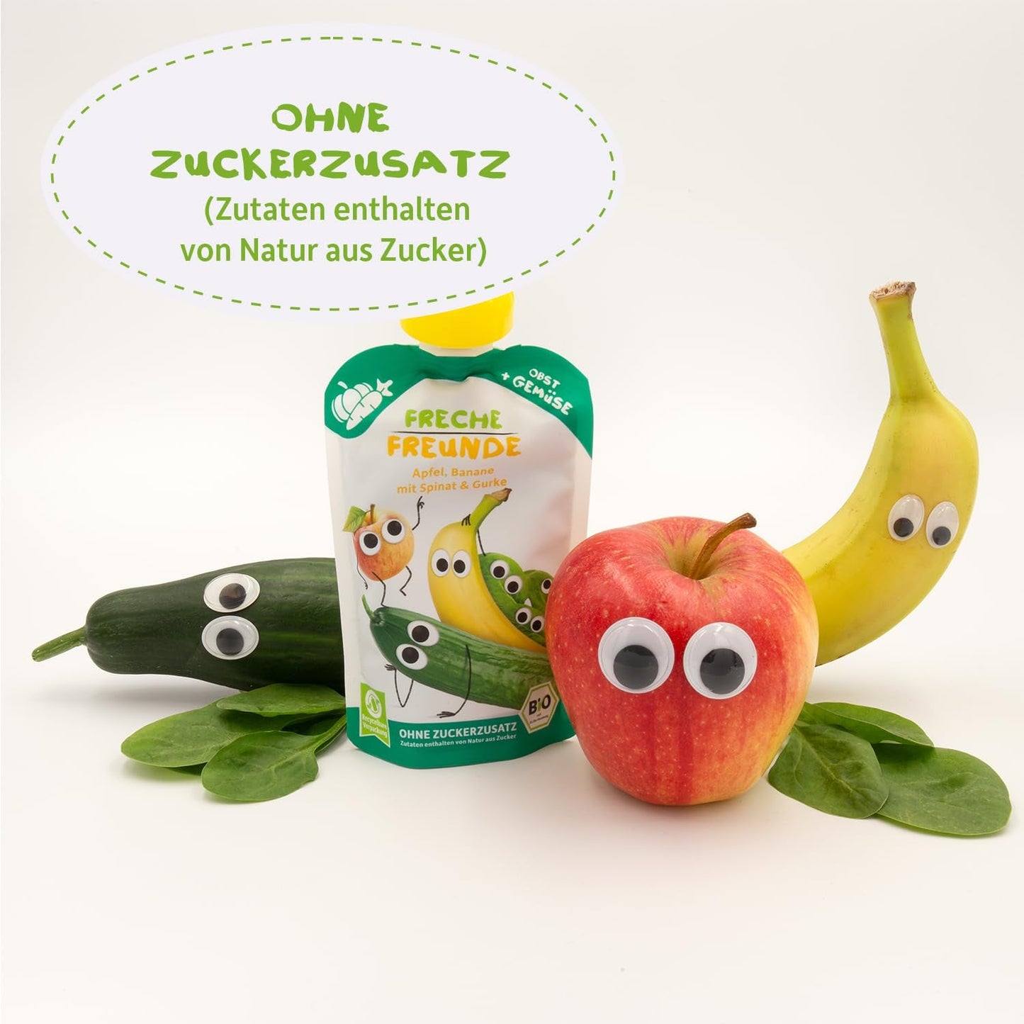 FRECHE FREUNDE Sachet de fruits à presser bio avec pommes, bananes, épinards et concombre, purée de fruits et légumes dans un sachet à presser pour bébés à partir de 6 mois, végétalien, lot de 6 (6 x 100 g)