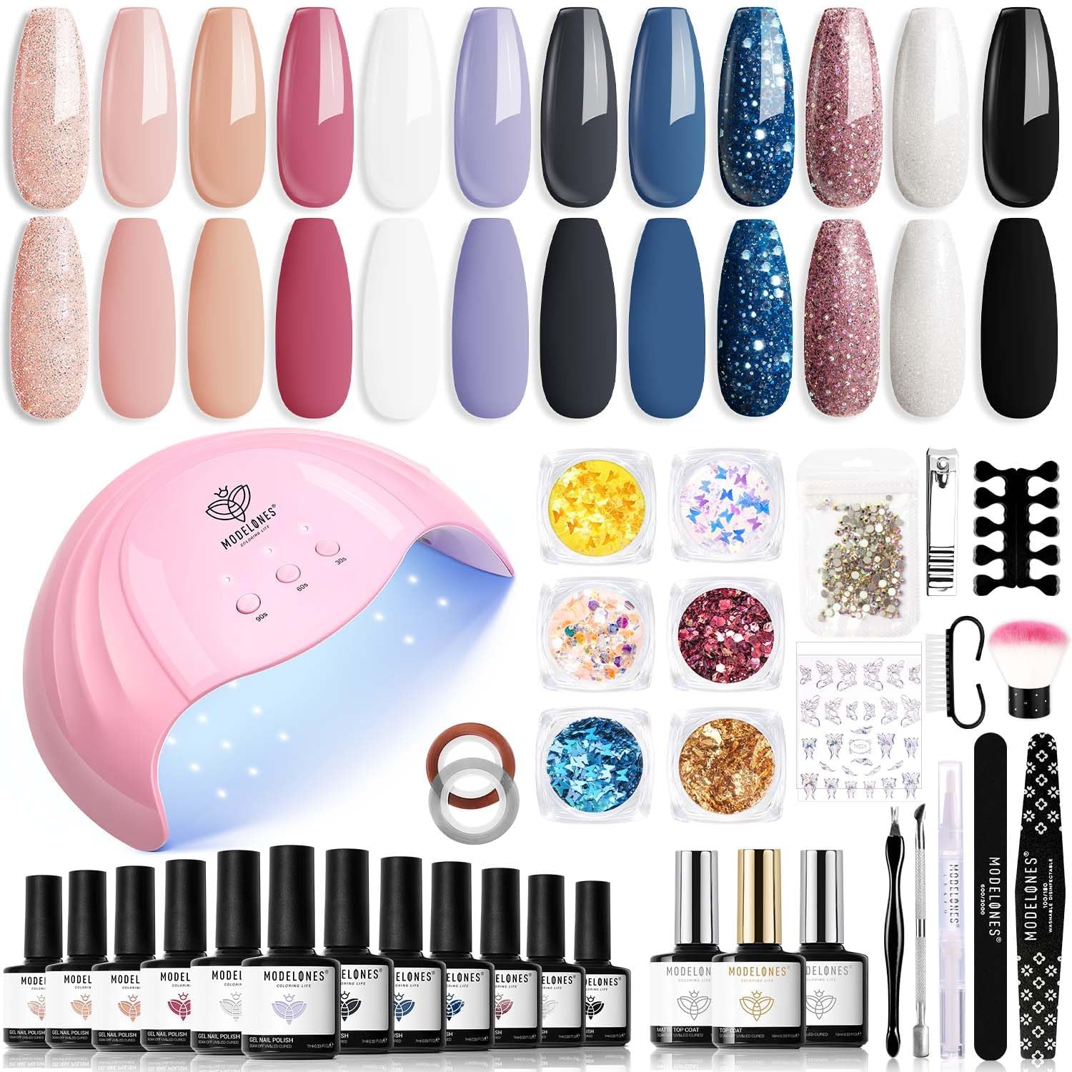 Modelones Ensemble de Vernis à Ongles Gel 35 Pièces, Ensemble de Vernis à Ongles UV avec Lampe 48W, Ensemble de Vernis à Ongles Gel Nude Marron Blanc Rose, Ensemble de Vernis à Ongles Gel UV avec Top Coat Base Nail Studio Set