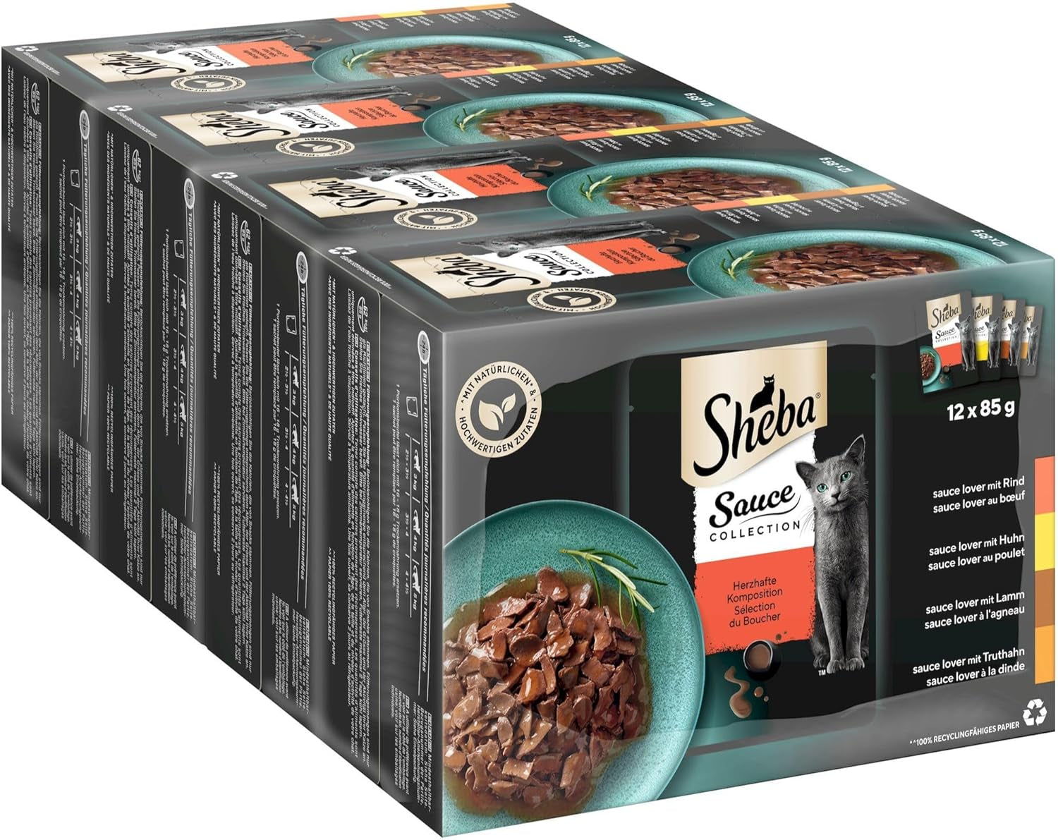 Sheba Sauce Collection Nourriture humide pour chats, sachets portionnés, emballage multiple salé, 4x12x85g