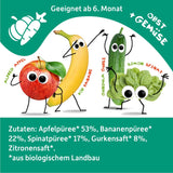 FRECHE FREUNDE Sachet de fruits à presser bio avec pommes, bananes, épinards et concombre, purée de fruits et légumes dans un sachet à presser pour bébés à partir de 6 mois, végétalien, lot de 6 (6 x 100 g)