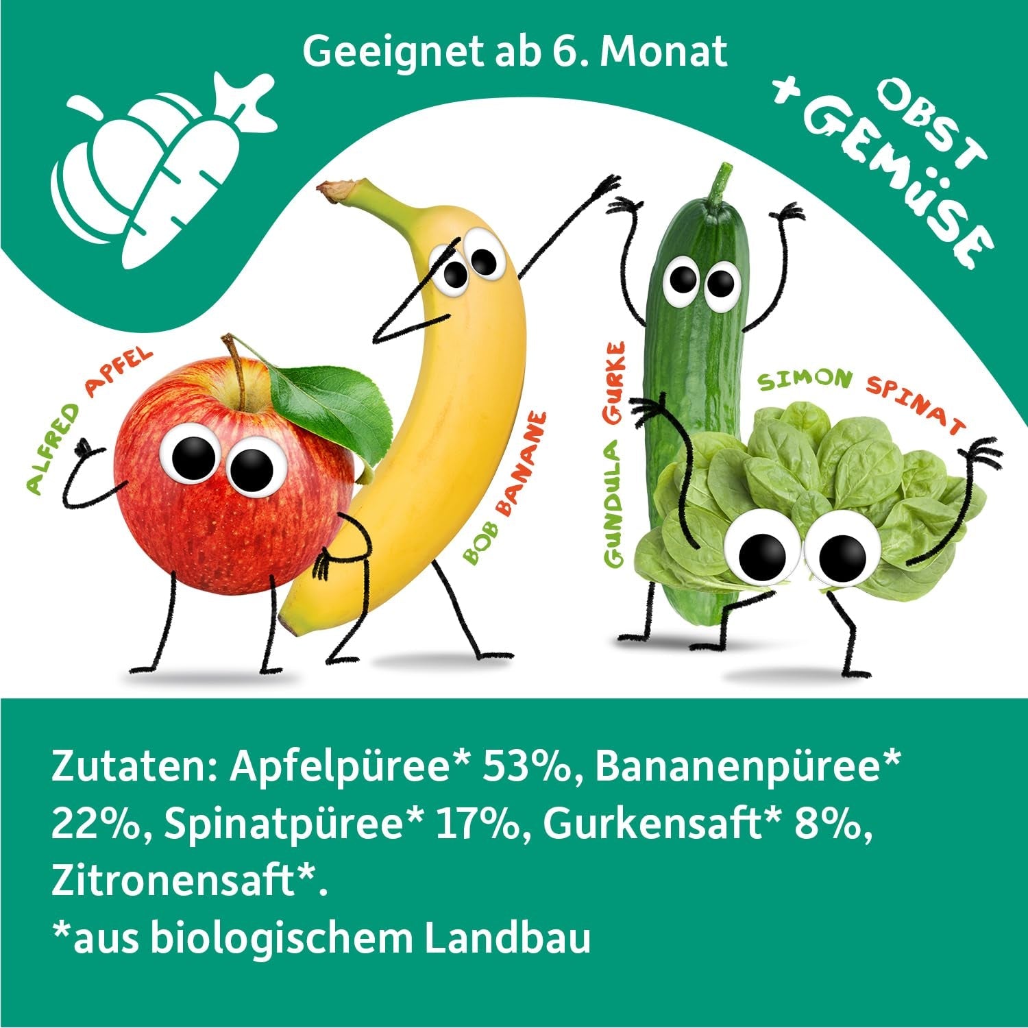 FRECHE FREUNDE Sachet de fruits à presser bio avec pommes, bananes, épinards et concombre, purée de fruits et légumes dans un sachet à presser pour bébés à partir de 6 mois, végétalien, lot de 6 (6 x 100 g)