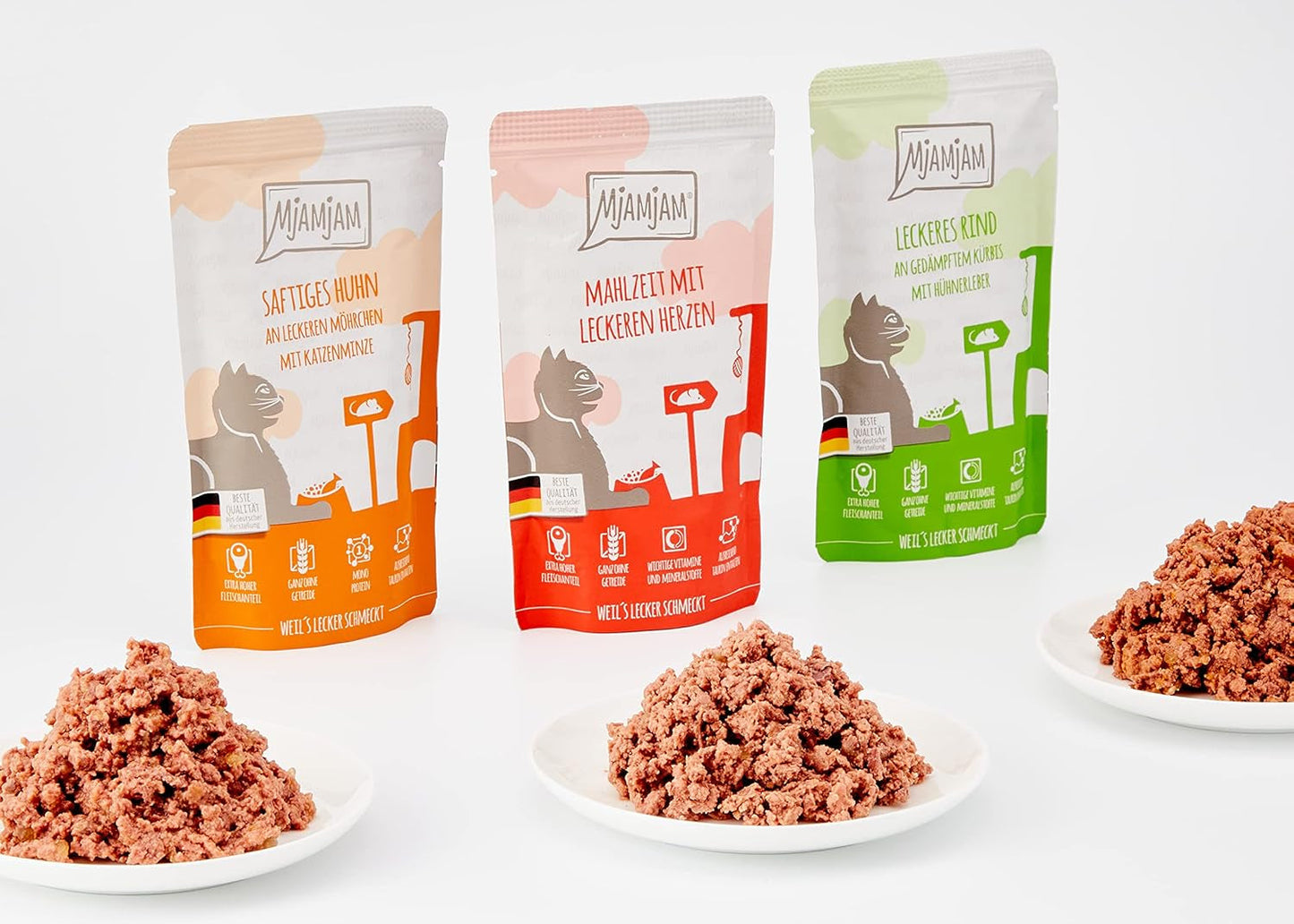 MjAMjAM - Nourriture humide de qualité supérieure pour chats - Pack mixte I - Poulet, bœuf, cœurs, paquet de 12 (12 x 125 g), sans céréales avec viande supplémentaire