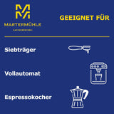 Grains d'espresso Martermühle Cioccolato 500g Fort | Arabica/Robusta | Saveurs : Noix de macadamia, chocolat au lait | Grains d'espresso entiers légèrement torréfiés, faible acidité