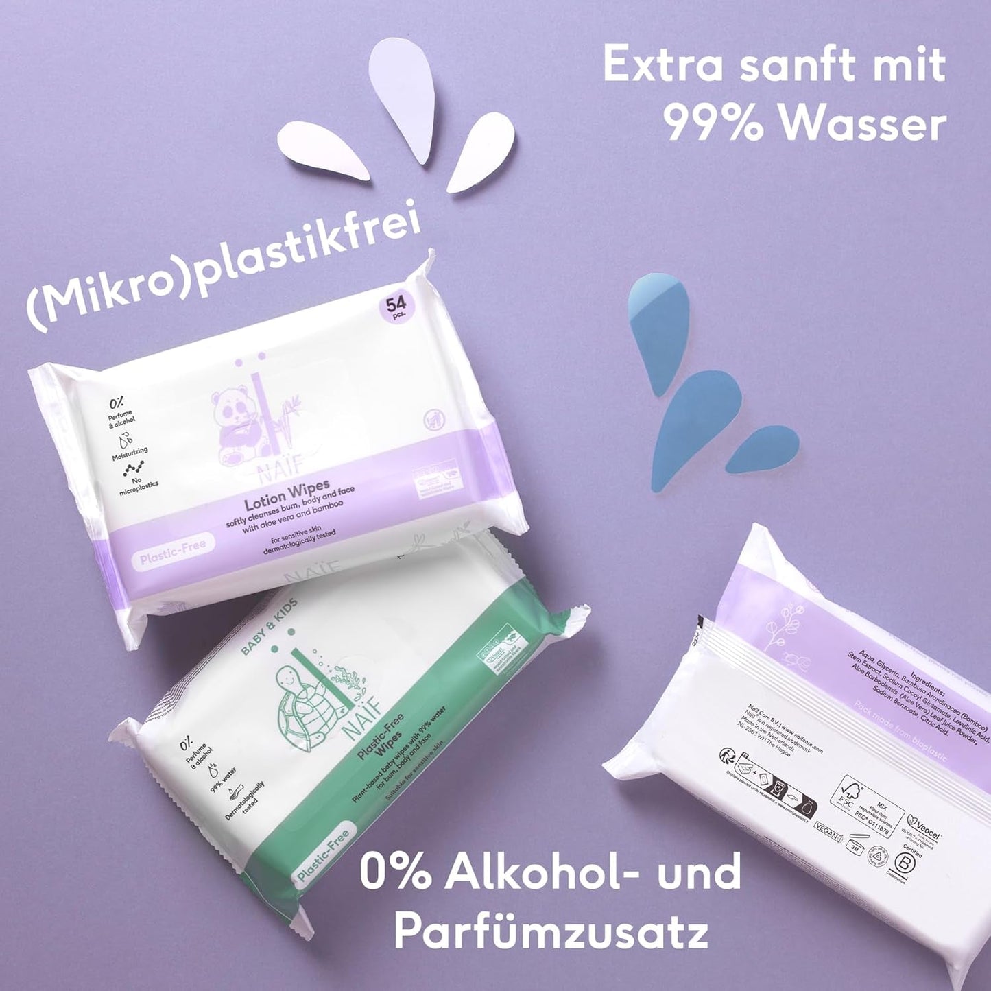 Naïf - Lingettes humides sans plastique - 864 pièces (16 paquets de 54 lingettes) - Soin des fesses, du corps et du visage de bébé - 99% d'eau - 0% de parfum et d'alcool