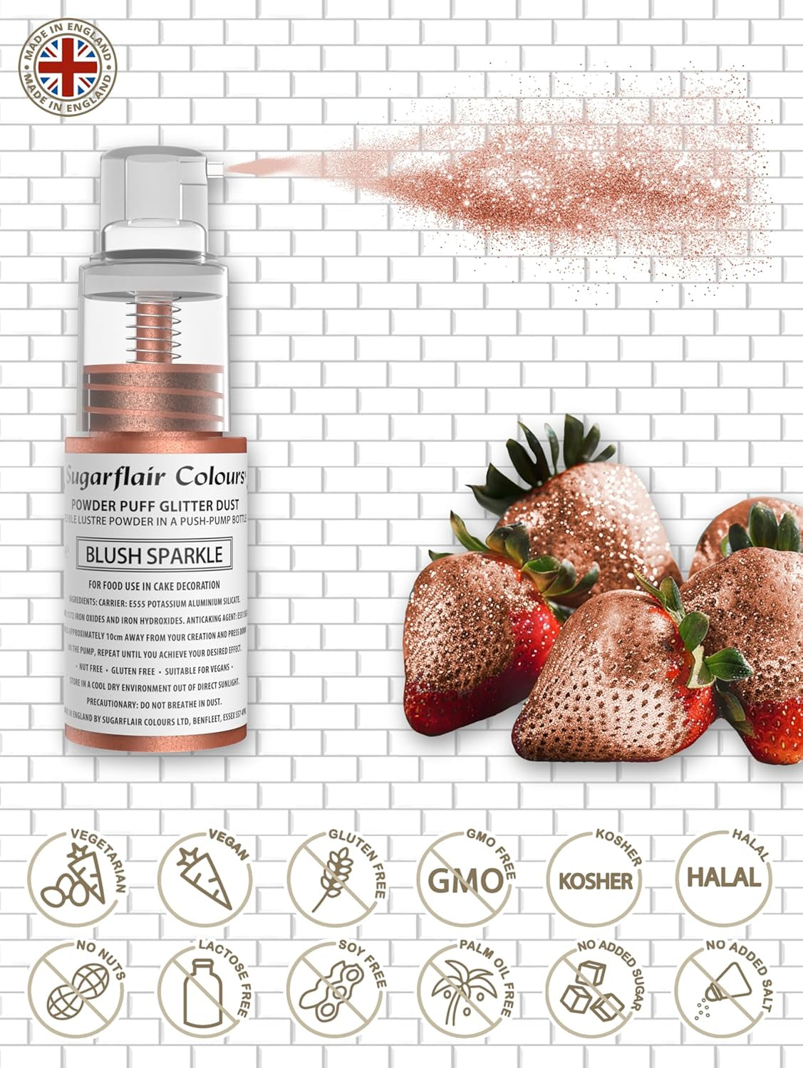 Sugarflair Pump Powder Spray, Glitter, Blush, Glitter - colorant alimentaire pour gâteau, spray non aérosol pour gâteaux, muffins et plus - 10 g