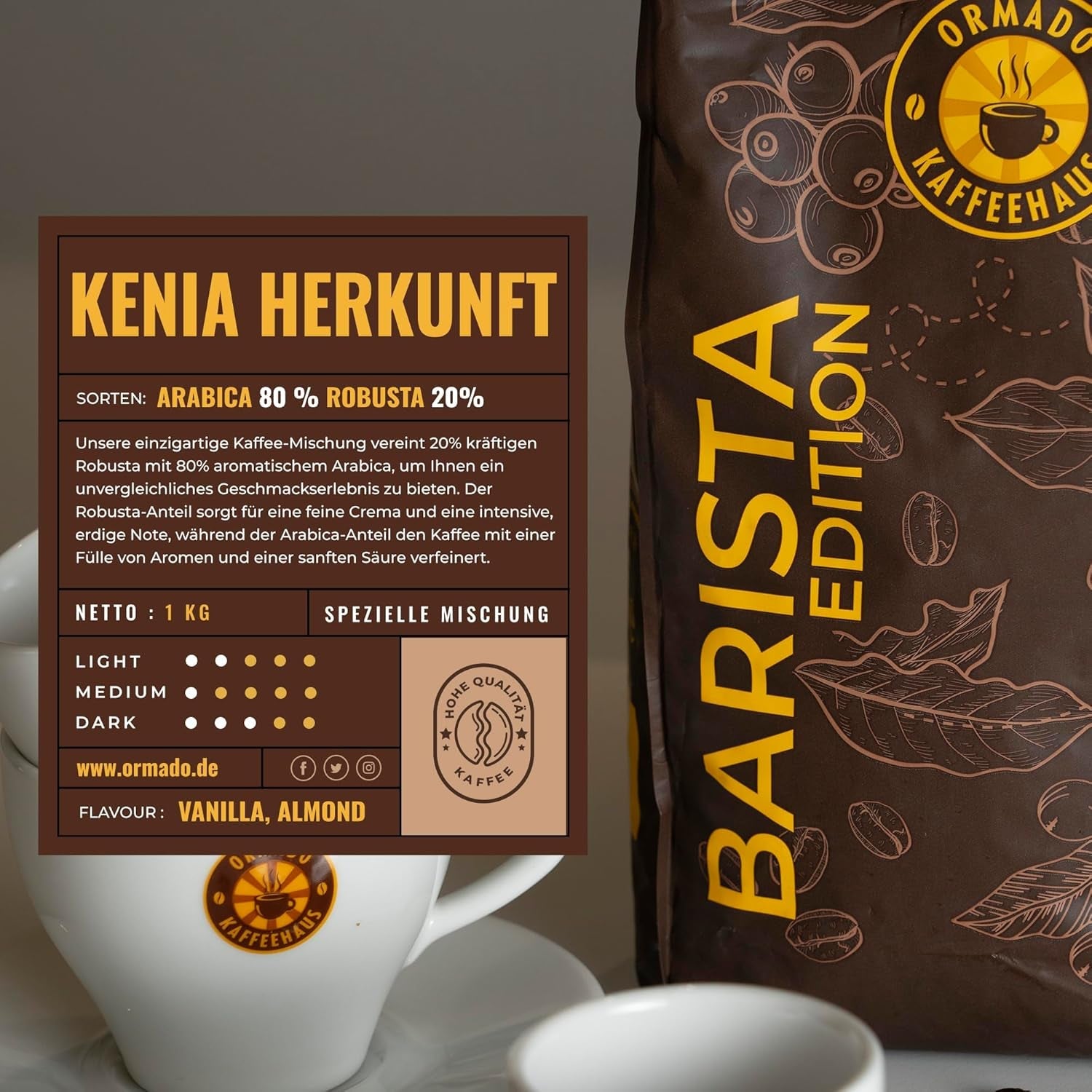 Ormado Coffee House, capsules de café, grains de café brevetés du Kenya – mélange Arabica et Robusta, grains de café entiers pour machines à café entièrement automatiques, grains torréfiés, café complet 1 kg, entièrement automatique