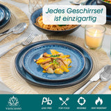Service de table pour 6 personnes Vancasso PLAYA Service de table en porcelaine 24 pièces pour 6 personnes Bleu comprenant assiettes, assiettes Suma, bols et assiettes à salade Passe au lave-vaisselle et au micro-ondes