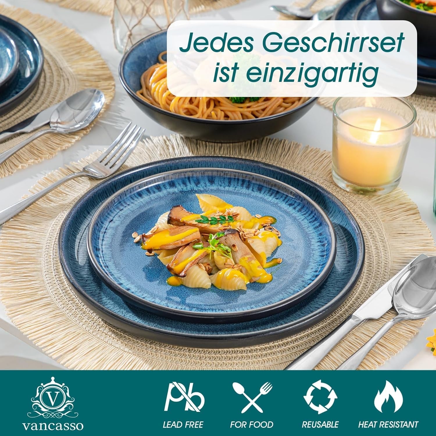 Service de table pour 6 personnes Vancasso PLAYA Service de table en porcelaine 24 pièces pour 6 personnes Bleu comprenant assiettes, assiettes Suma, bols et assiettes à salade Passe au lave-vaisselle et au micro-ondes