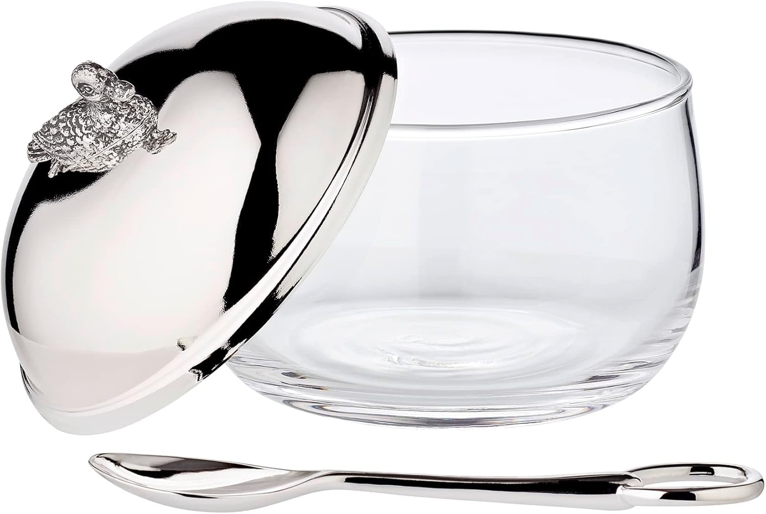 Pot à confiture de canard EDZARD (Ø 10 cm) en argent et verre - Boîte et cuillère - Bol, sucrier, fromage - Pot à confiture avec couvercle, rangement avec couvercle, coffret cadeau avec serrure