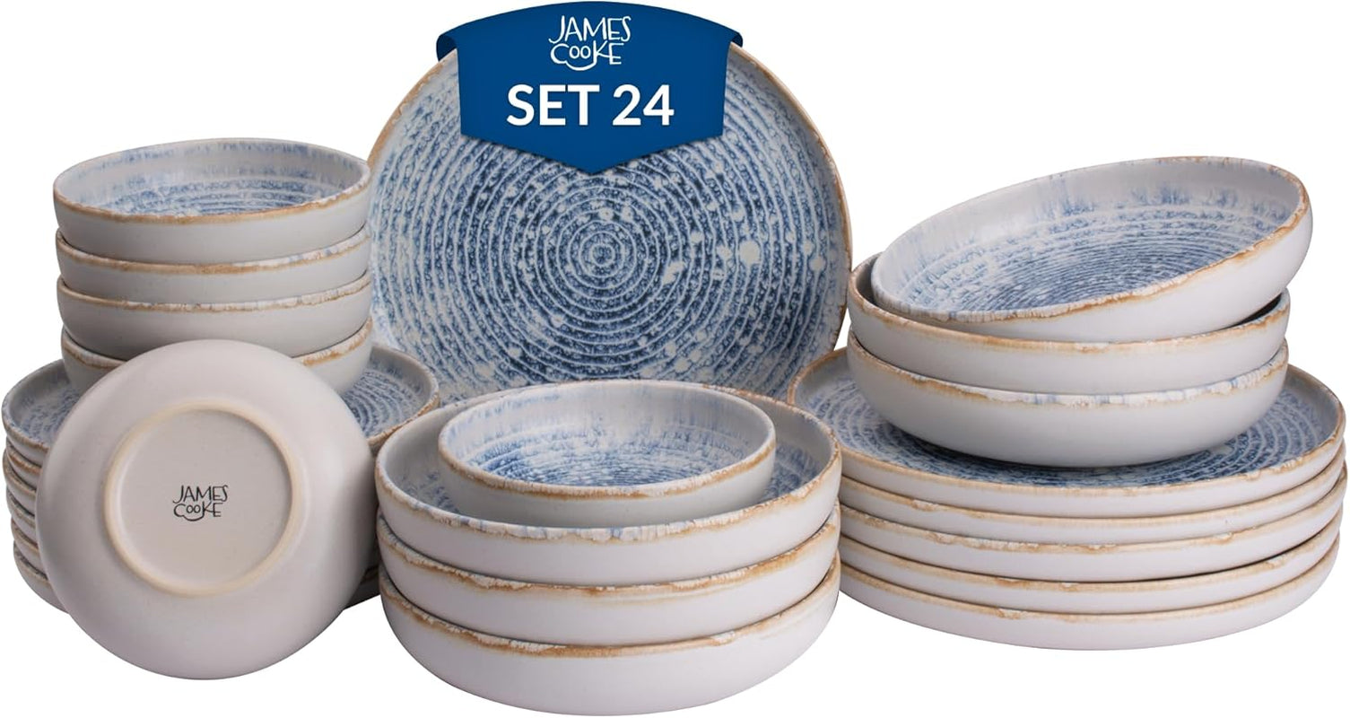 Azure Service de table vintage en grès pour 6 à 24 pièces – Rayures blanches et bleues, surface en relief – Passe au lave-vaisselle, au four et au micro-ondes
