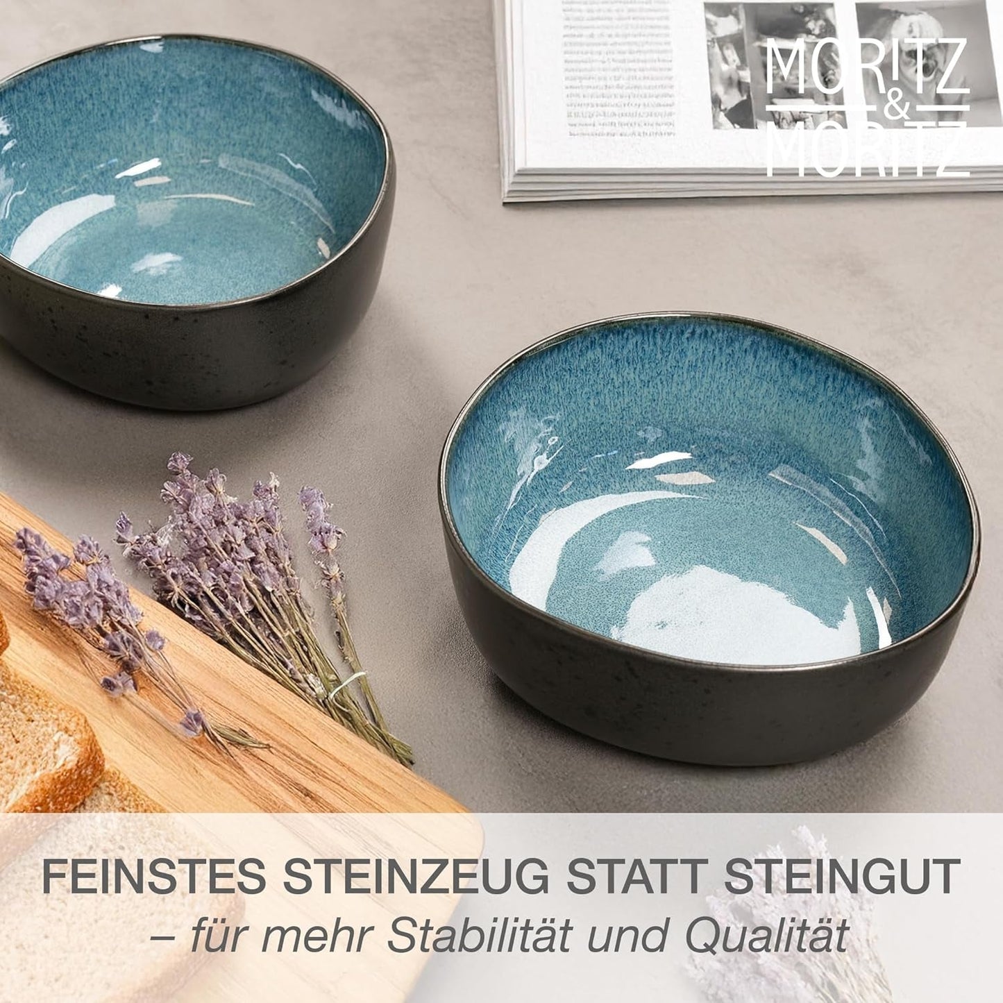 Moritz & Moritz Ensemble de bols de service BIO, Bleu - 2 grands bols en grès de haute qualité, modernes et intemporels, passent au micro-ondes et au lave-vaisselle - parfaits pour les salades, les pâtes, les collations et plus encore