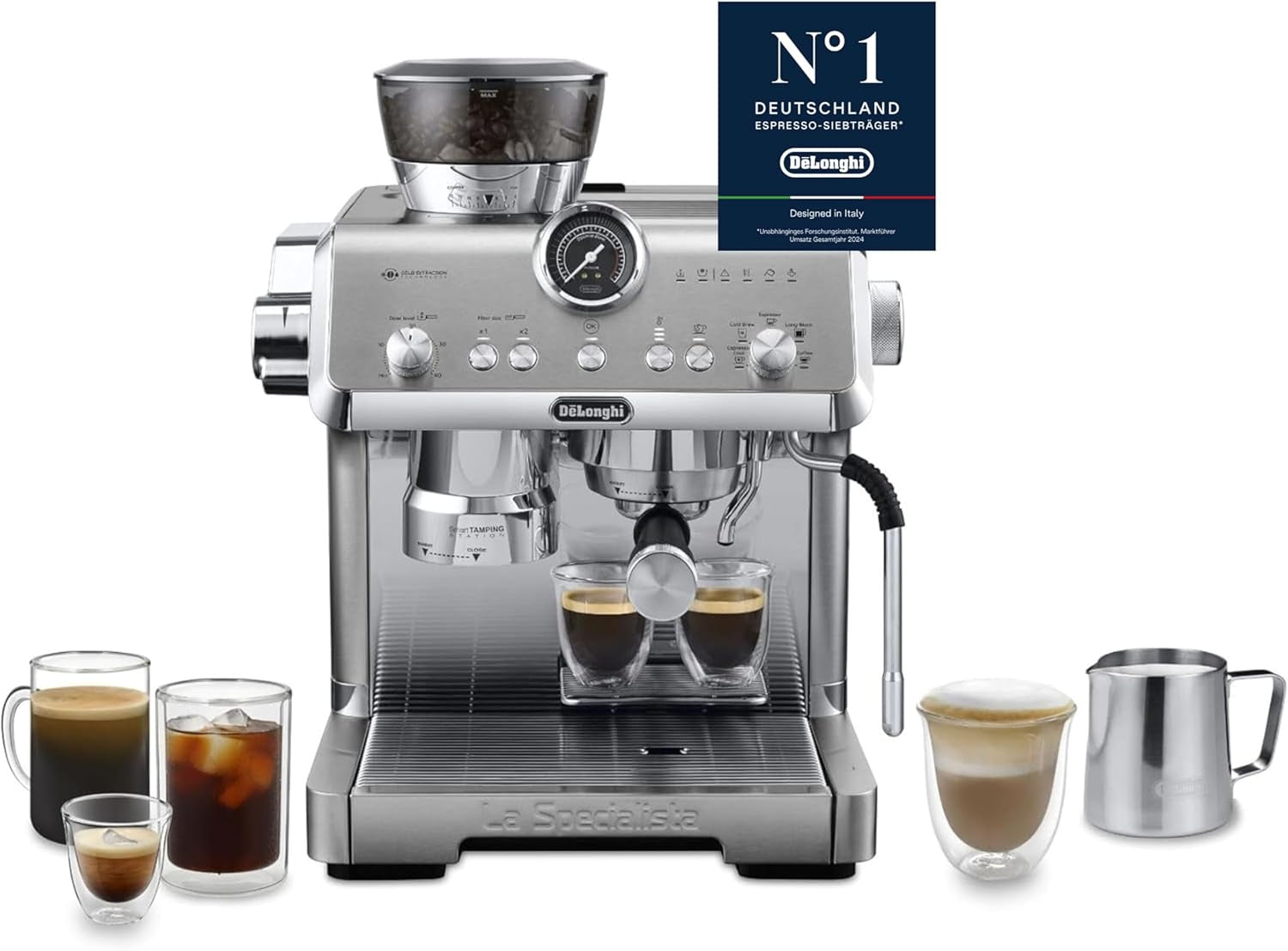 De'Longhi La Specialista Arte EC9155.MB Machine à expresso porte-filtre avec moulin, 8 niveaux de mouture, pression 15 bars, 3 niveaux de température, mousseur à lait, 1550 W, réservoir 1,7 L, acier inoxydable/noir, kit barista inclus