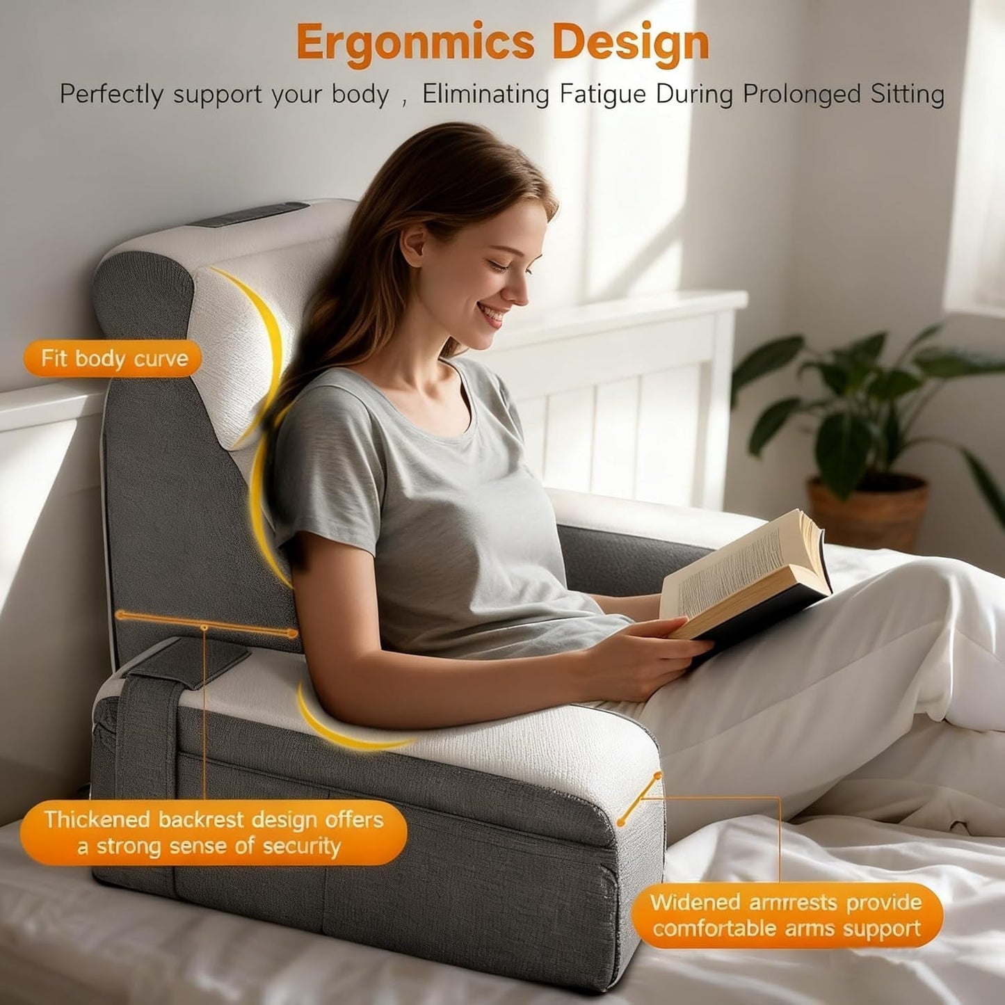 Grand coussin de lecture avec repose-nuque et accoudoirs amovibles, coussin de dossier pour lit, coussin de dos ergonomique avec bras, poche et housse lavable pour lire et regarder la télévision.