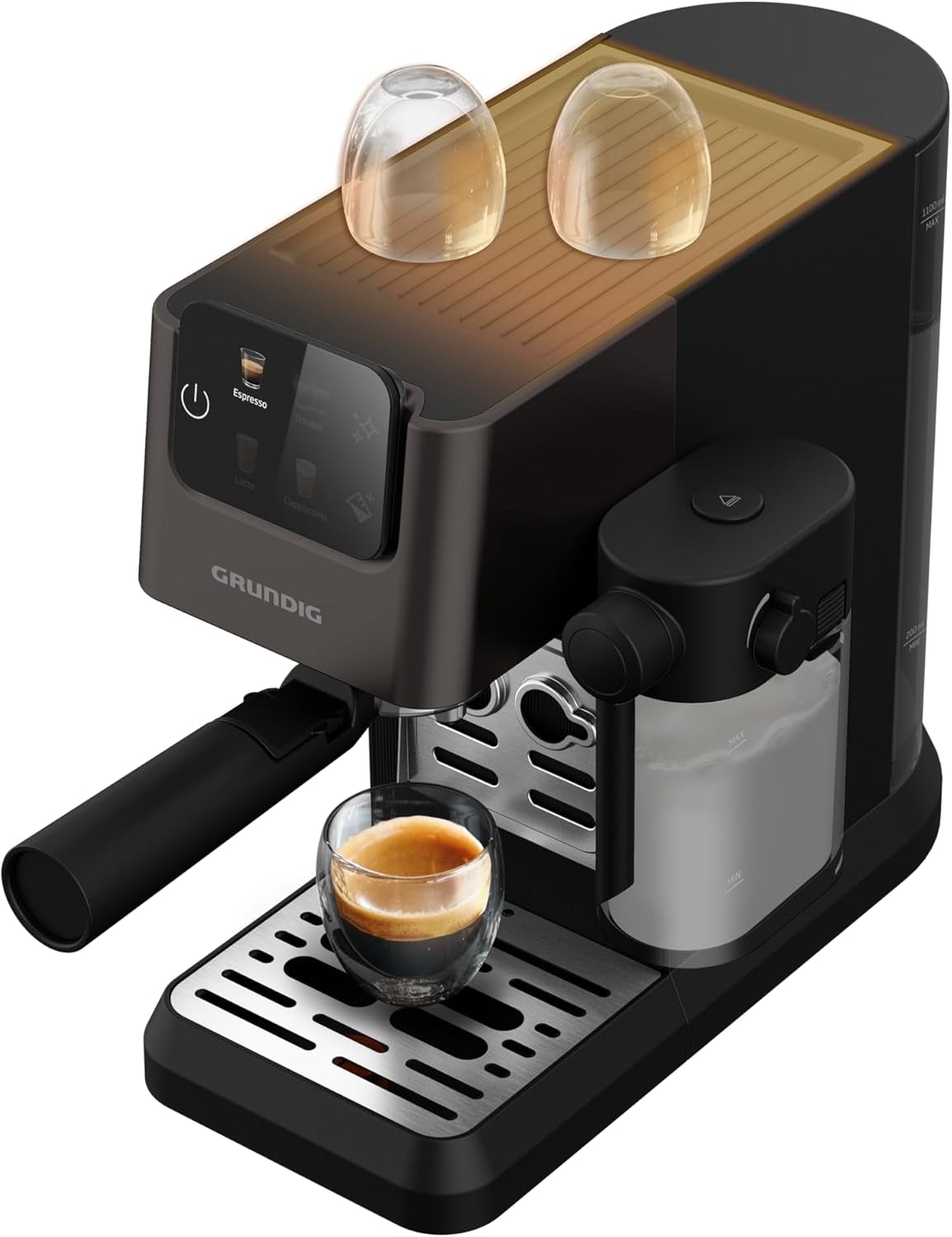 Machine à expresso porte-filtre GRUNDIG KSM 5330 avec réservoir à lait intégré, puissance 1628 W, pression de pompe 15 bar, double buse, écran tactile couleur, BrewSense, CreamyPro, acier inoxydable foncé/noir