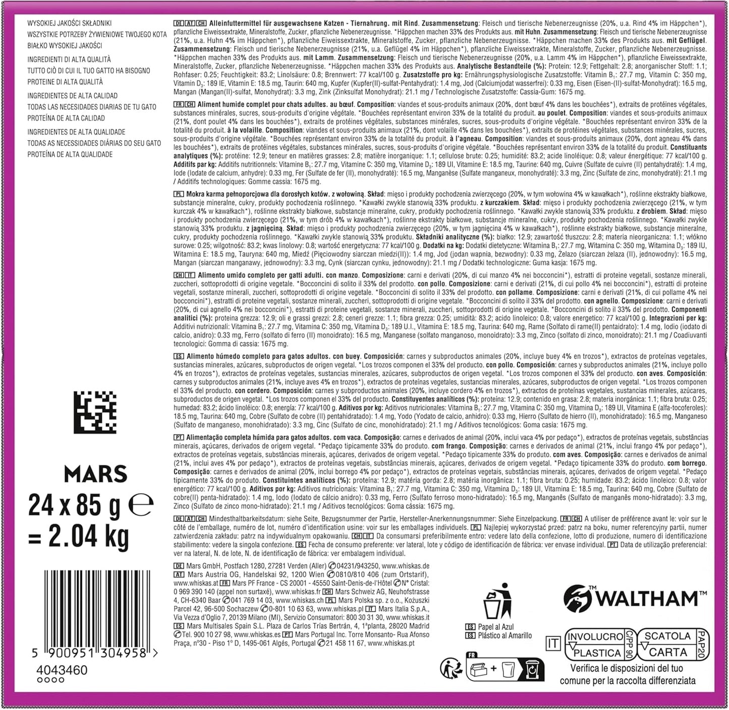 WHISKAS PURE DELIGHT Aliment humide en gelée 24 x 85g Ragoût Classique (4 paquets) 48 sachets portionnés