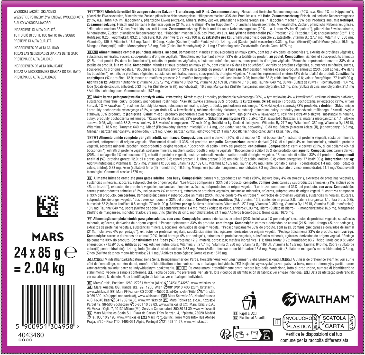 WHISKAS PURE DELIGHT Aliment humide en gelée 24 x 85g Ragoût Classique (4 paquets) 48 sachets portionnés