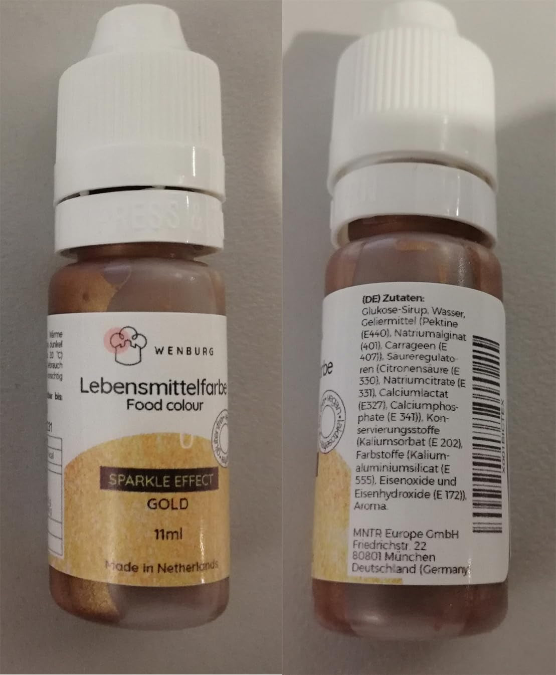 Colorant alimentaire Wenburg, pailleté, 11 ml, concentré, fabriqué en UE, liquide. Pour colorer la pâte, les boissons, les arômes, le slime - Colorant alimentaire à paillettes dorées - Colorant à gâteau doré - Paillettes dorées