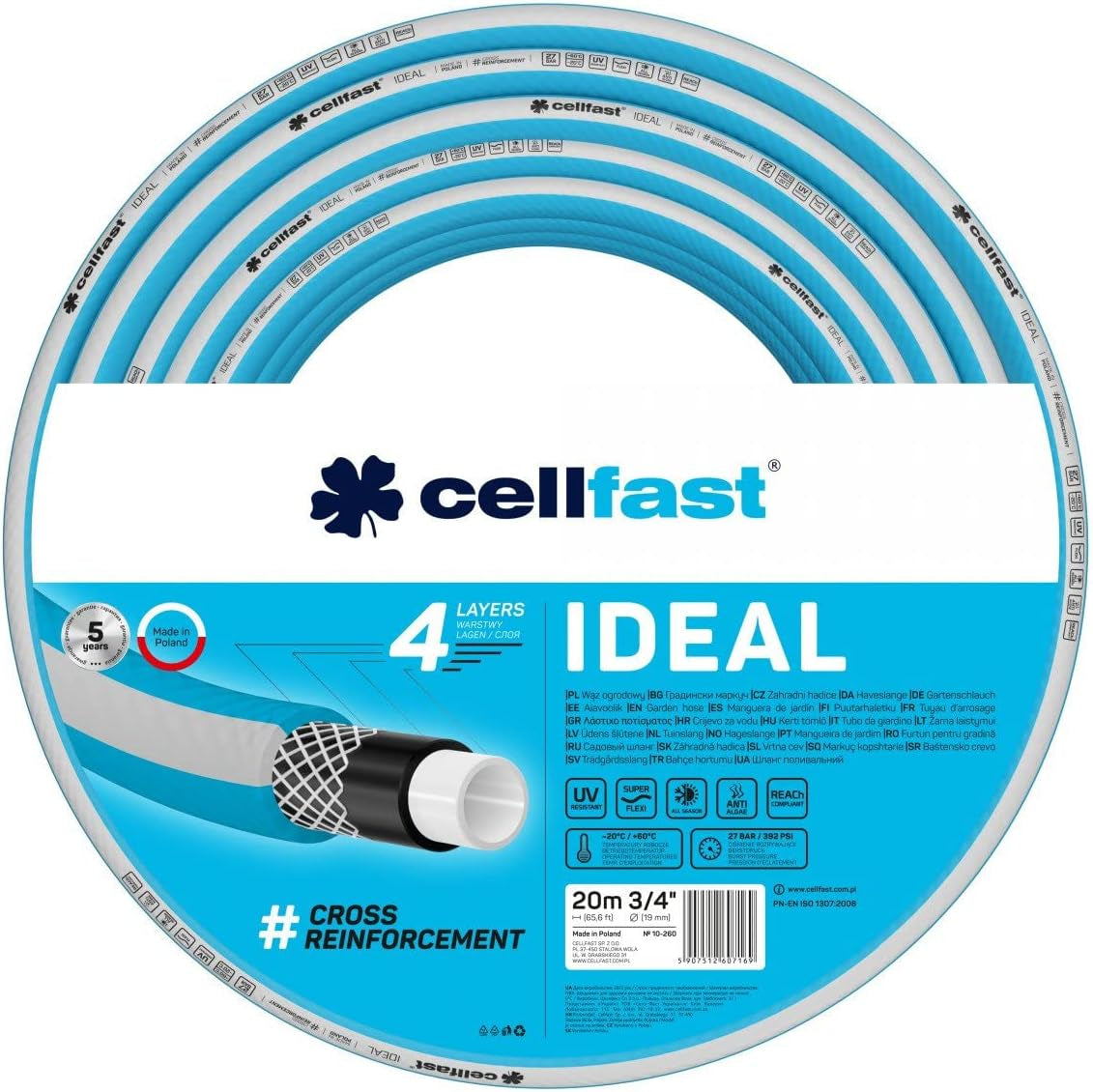 Tuyau d'arrosage Cellfast IDEAL, Durable, Flexible, 4 couches, Tresse croisée durable, Résistant aux UV et aux algues, Technologie REACH, 27 bar, -20/+60° courte durée 3/4", 20m