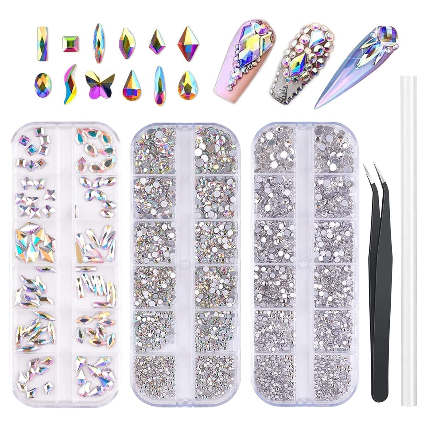 FITDON Ensemble de 3200 Pierres à Ongles Pierres AB en Verre Multiformes et Pierres AB à Paillettes de Diamant Transparent pour Décoration Nail Art Kits de Bricolage Bijoux Porte-clés Accessoires pour Ongles