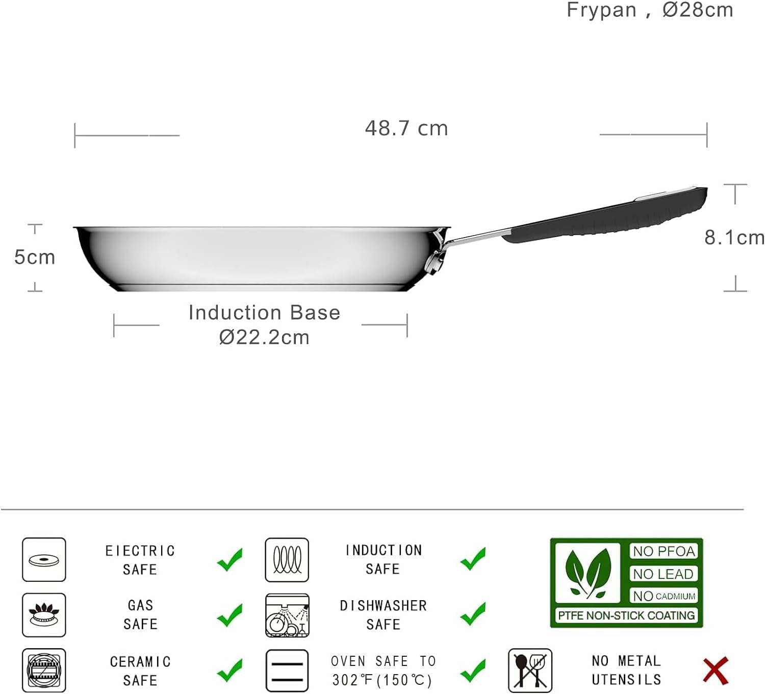 Poêle en inox avec revêtement antiadhésif - adaptée à l'induction, avec poignée confortable - 28 cm Casseroles et Poêles Naty Shop