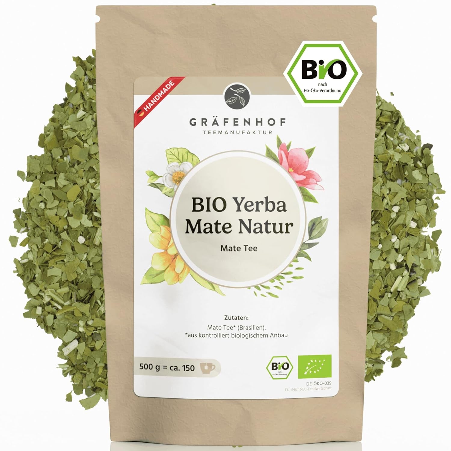 Thé Yerba Mate biologique L'original 1 kg de thé maté en vrac à haute teneur en caféine, non torréfié, séché à l'air, testé en laboratoire, feuilles de maté emballées en Allemagne, qualité supérieure Gräfenhof