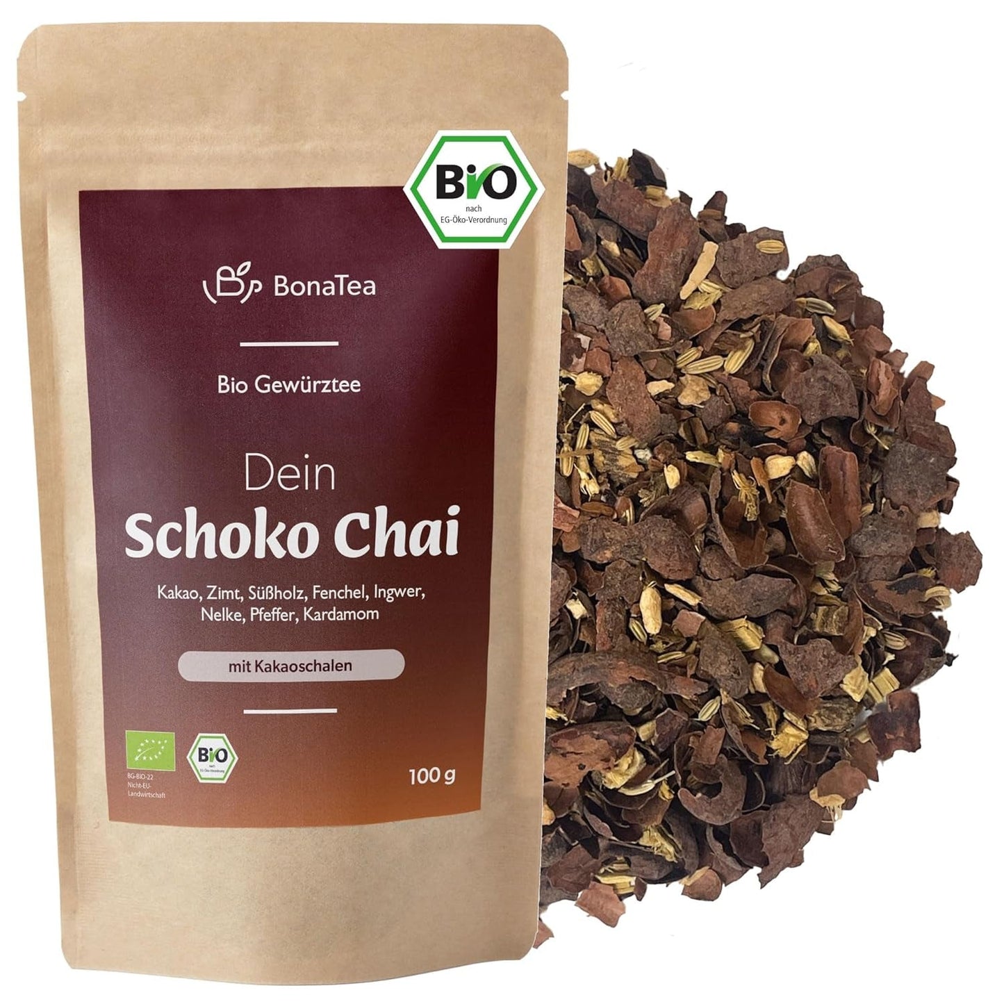 Thé épicé BIO Schoko Chai sans sucre, avec cabosses de cacao, cannelle, réglisse et autres épices aromatiques Chai, 100 g