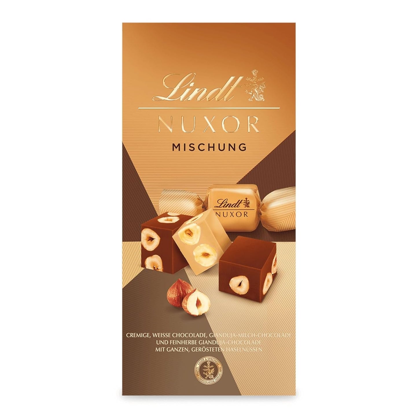 Chocolat Lindt | Mélange pour sac NUXOR | 103g | Cubes de chocolat crémeux au Gianduja en trois assortiments avec noisettes entières grillées | Cadeau chocolat