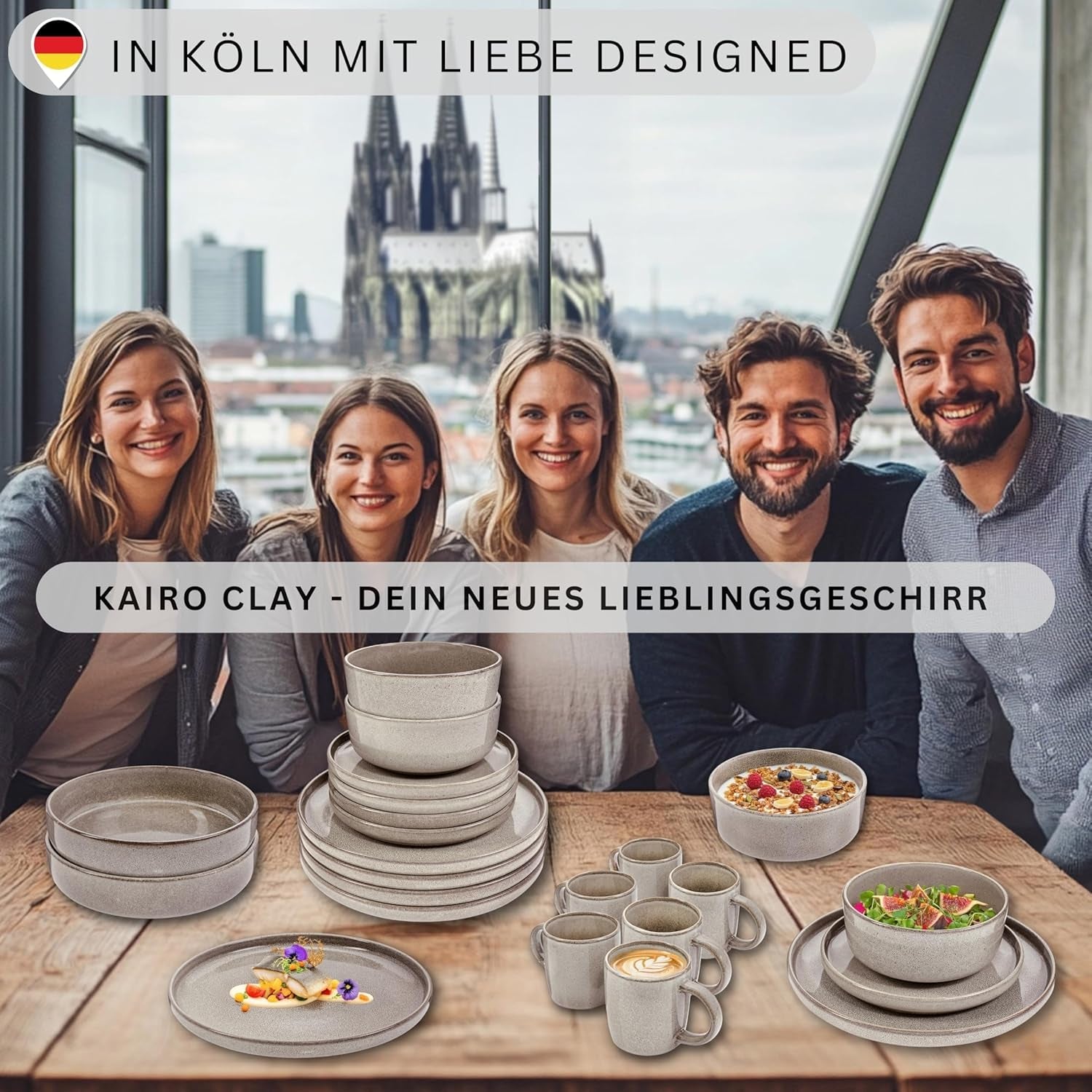 SÄNGER Argile du Caire | Service de table 24 pièces, service de table en grès pour 6 personnes, 6 assiettes, 6 assiettes à dessert, 6 bols à pâtes, 6 bols de service, service de table gris | LA COLLECTION VALEUR