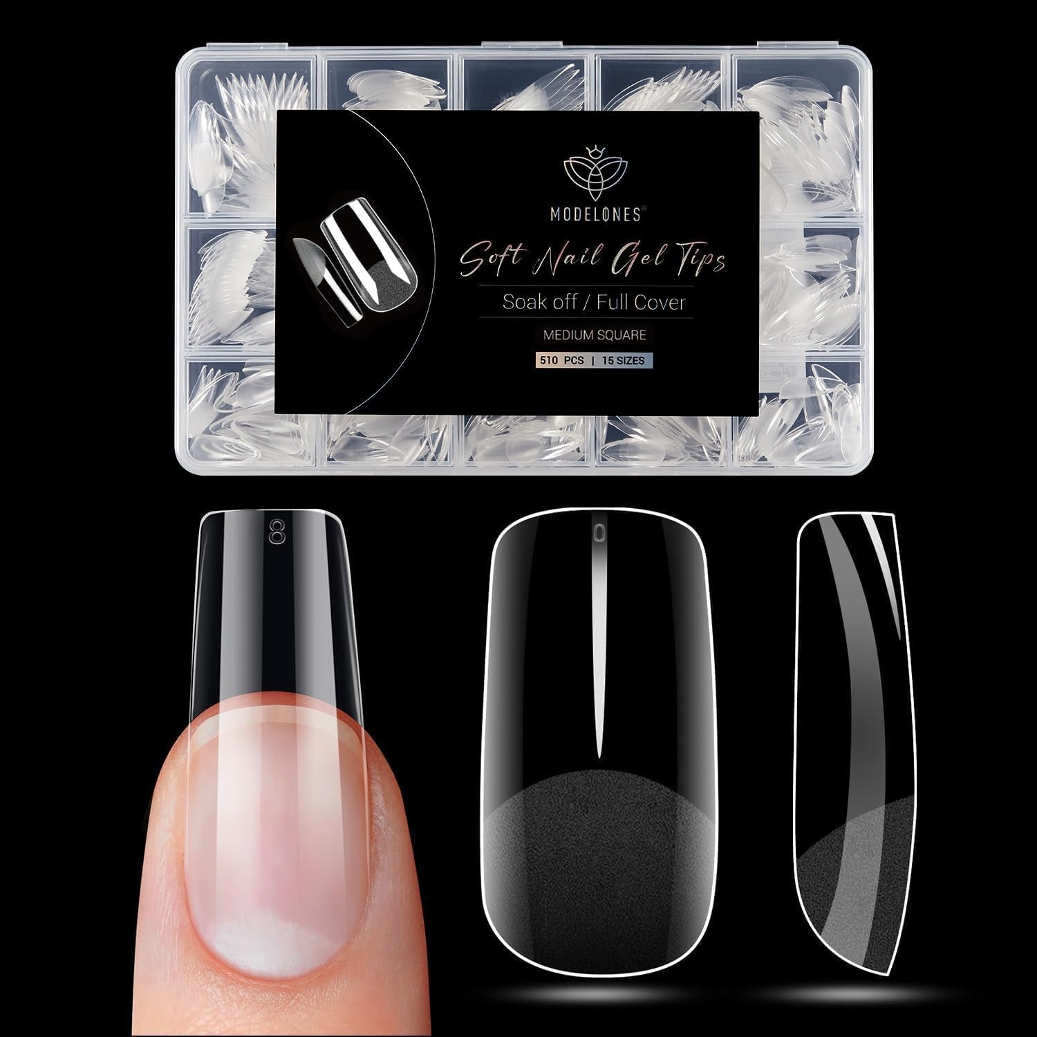 Modelones Nail Tips 510 pièces – Ensemble de pointes d'ongles à couverture complète, ensemble de pointes en gel, pointes d'ongles en résine PMMA pré-polonées, ongles artificiels à coller sur Nail Art DIY, Squoval court