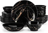 LOVECASA Ensemble de vaisselle en porcelaine série Daphné SWEET Ensemble combiné de 24 pièces Assiettes à dîner design doré Assiettes à dessert Bols à céréales et assiettes à dîner pour 6 personnes