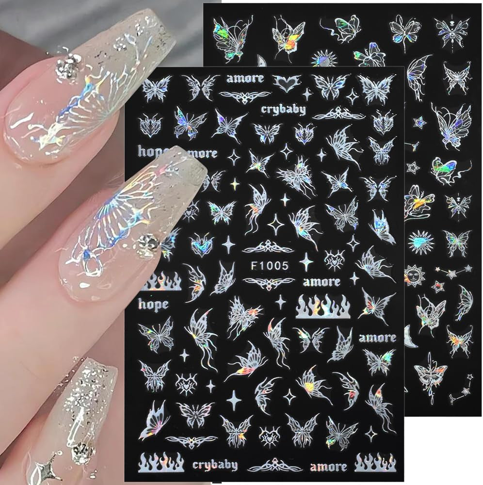 4 feuilles holographiques Laser blanc Schmetterling Nagelsticker,Y2K Aurora Schmetterling Stern Nail Sticker 3D Flamme Herz Nageldesign Nagelsticker Selbstklebend Nagel Sticker Nagel Zubehör Nail Art