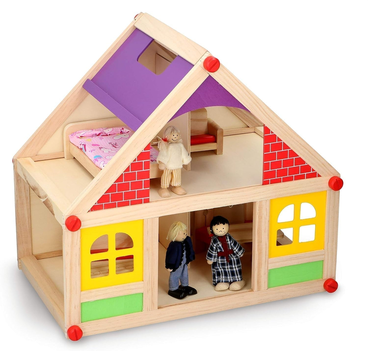 Marionette Wooden Toys - Maison de poupée en bois avec meubles et poupées - 11 pièces Dollhouses Naty Shop
