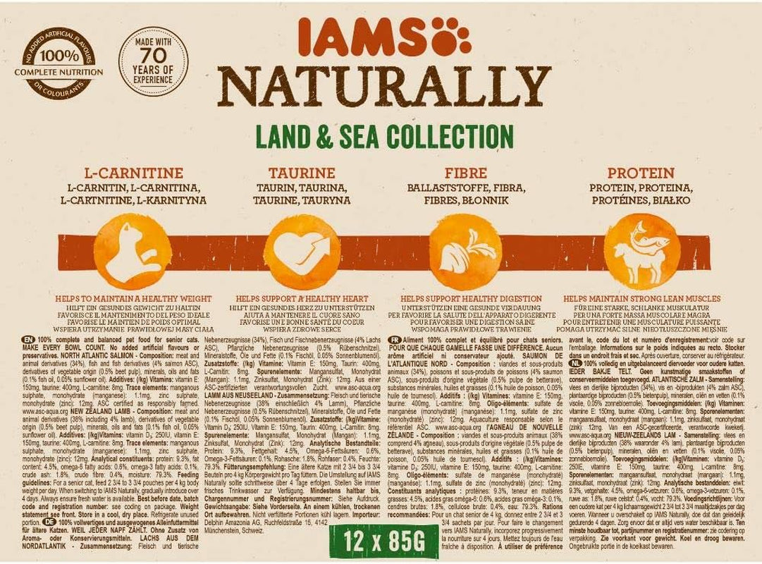 IAMS Naturally Senior Nourriture humide en sauce - Nourriture humide à base de viande et de poisson de haute qualité pour chats âgés, Collection Land & Sea, 12 x 85 g