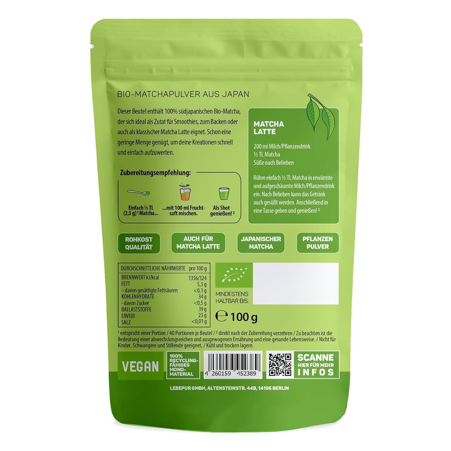 Lebepur BIO Matcha Poudre 100G - Qualité Premium du Japon Sans Additifs - Poudre de Thé Vert 100% Pure pour Matcha Latte, Thé Matcha, Thé Vert, Smoothie - Thé Vert Japonais