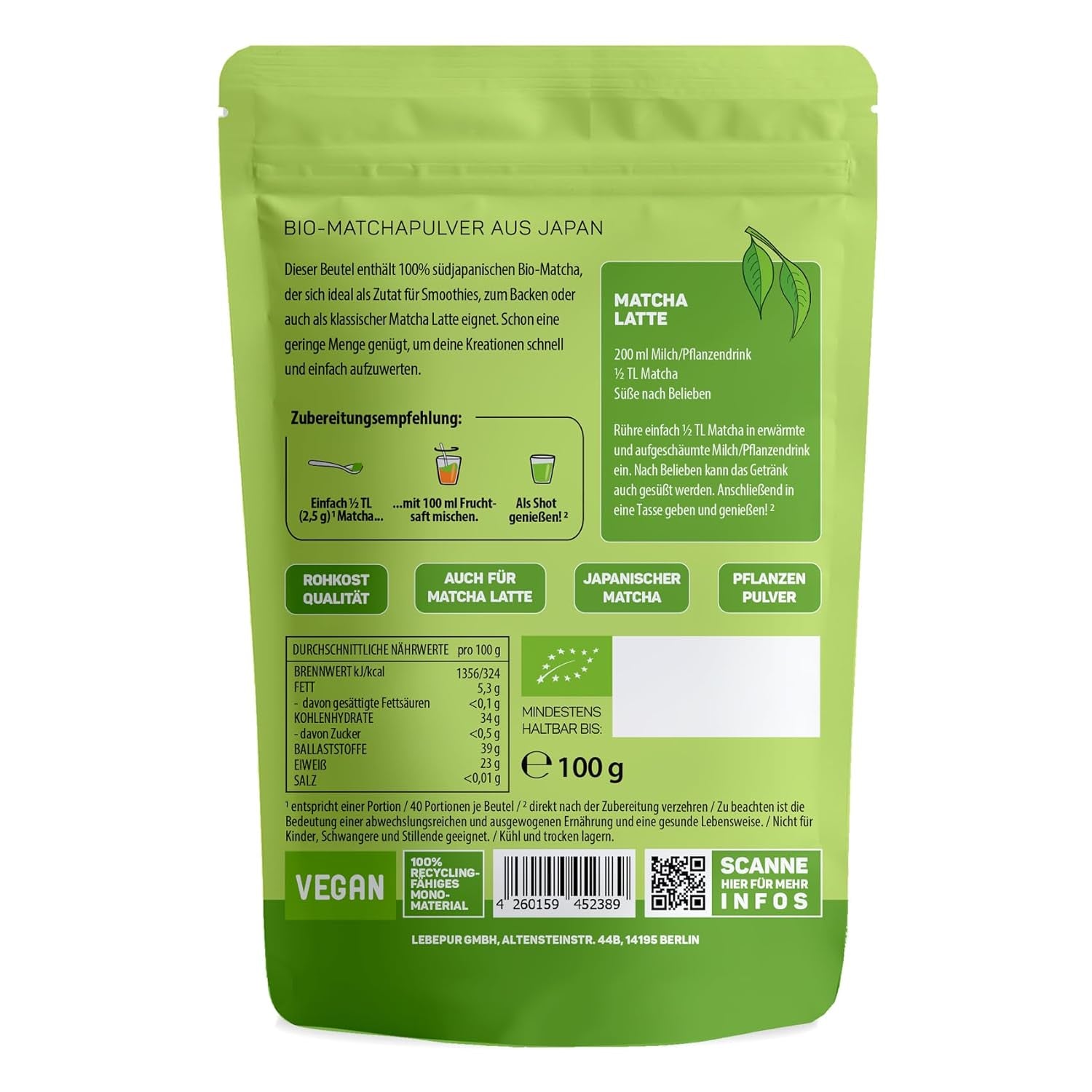 Lebepur BIO Matcha Poudre 100G - Qualité Premium du Japon Sans Additifs - Poudre de Thé Vert 100% Pure pour Matcha Latte, Thé Matcha, Thé Vert, Smoothie - Thé Vert Japonais