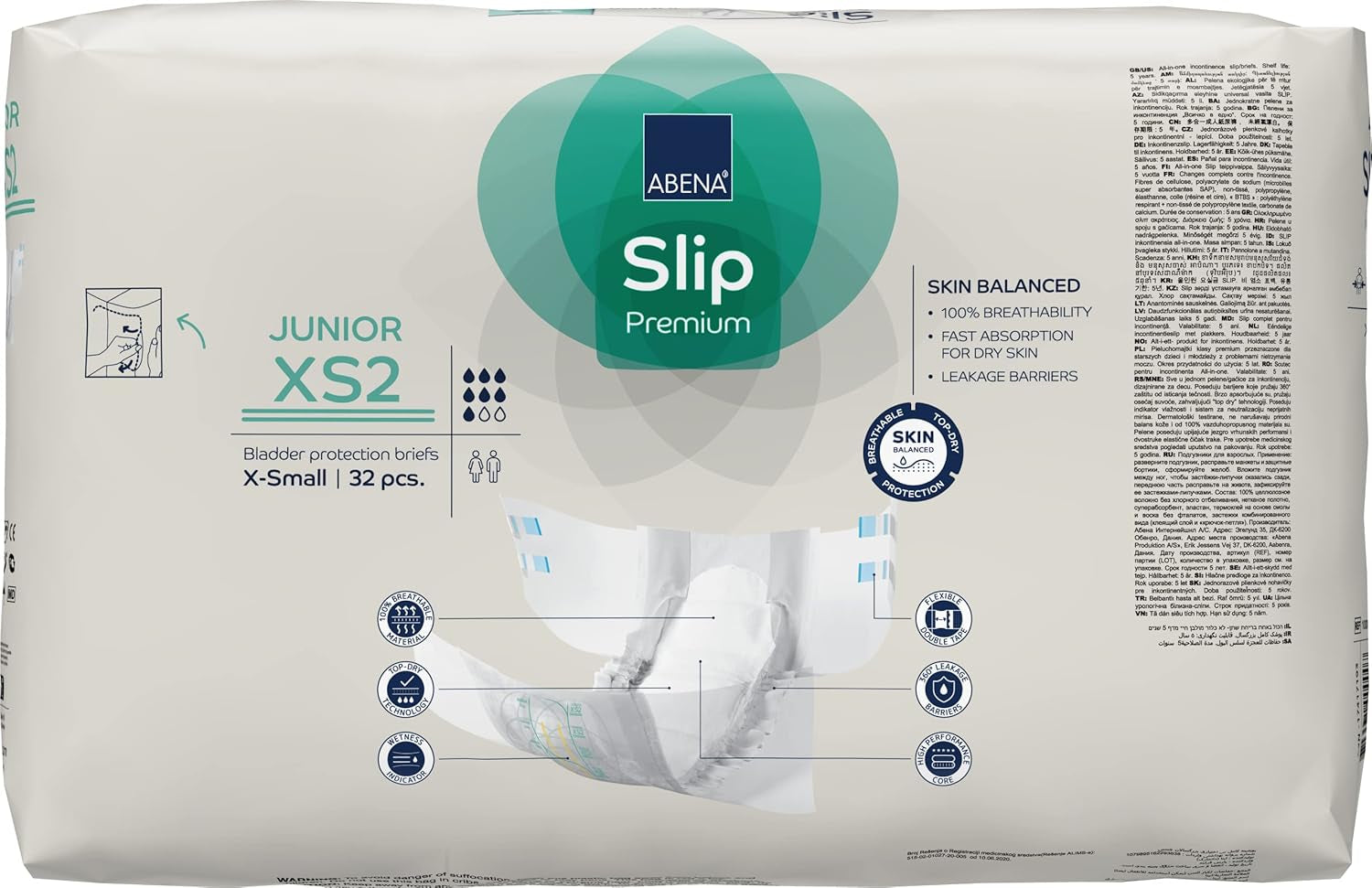 Couches antidérapantes junior de qualité supérieure, écolabellisées, protection améliorée contre les fuites, couches pour bébé sûres et confortables - taille 7/XS2, tour de taille 40-60 cm, 5-15 ans, 1 x 32 paquets