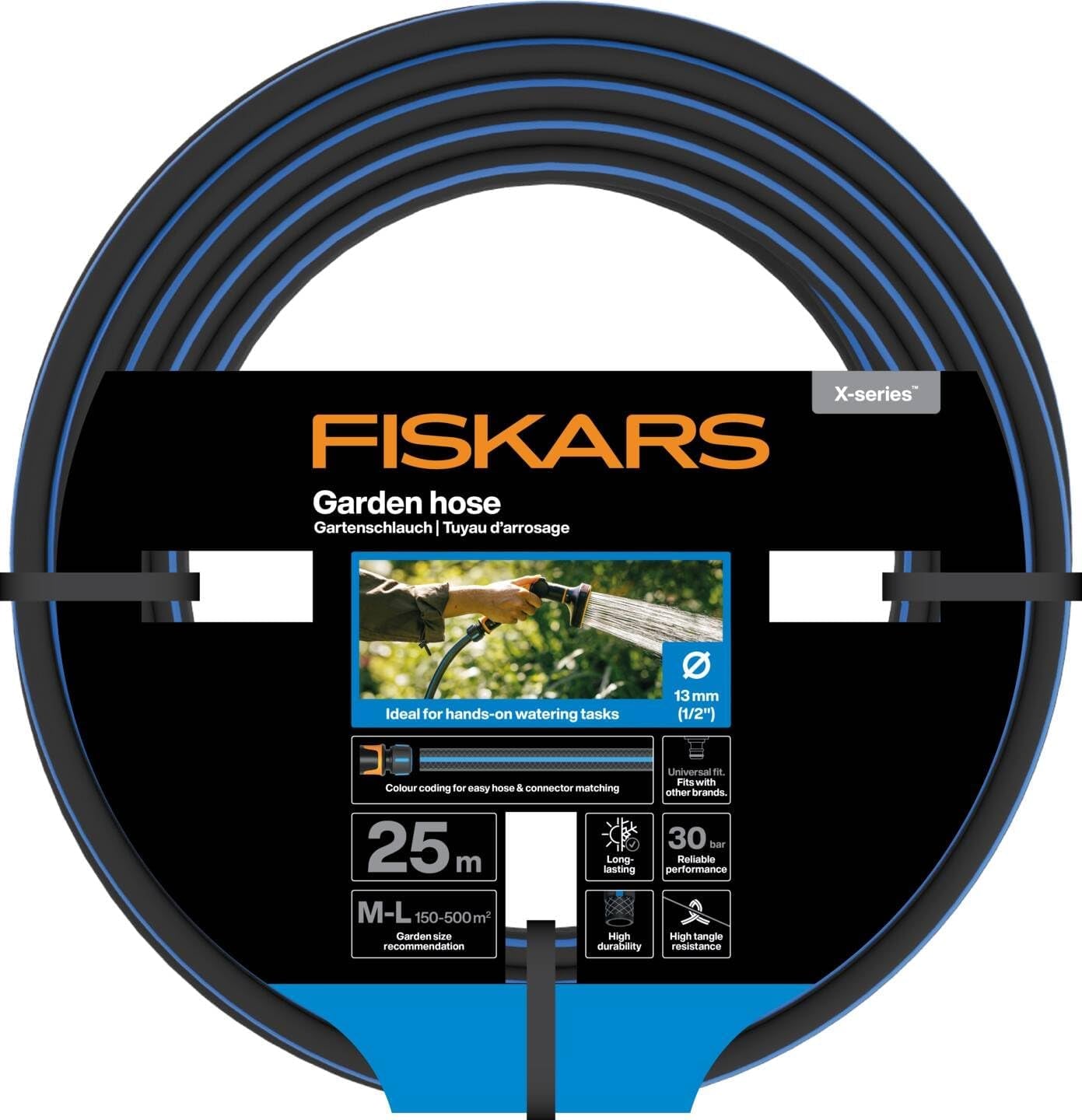 Fiskars ML Tuyau d'arrosage série X Tuyau d'arrosage manuel 13 mm (1/2"), Longueur : 25 m, Raccord universel, Protection UV, Protection contre le gel, Résistant à la torsion, Bleu, 1076045