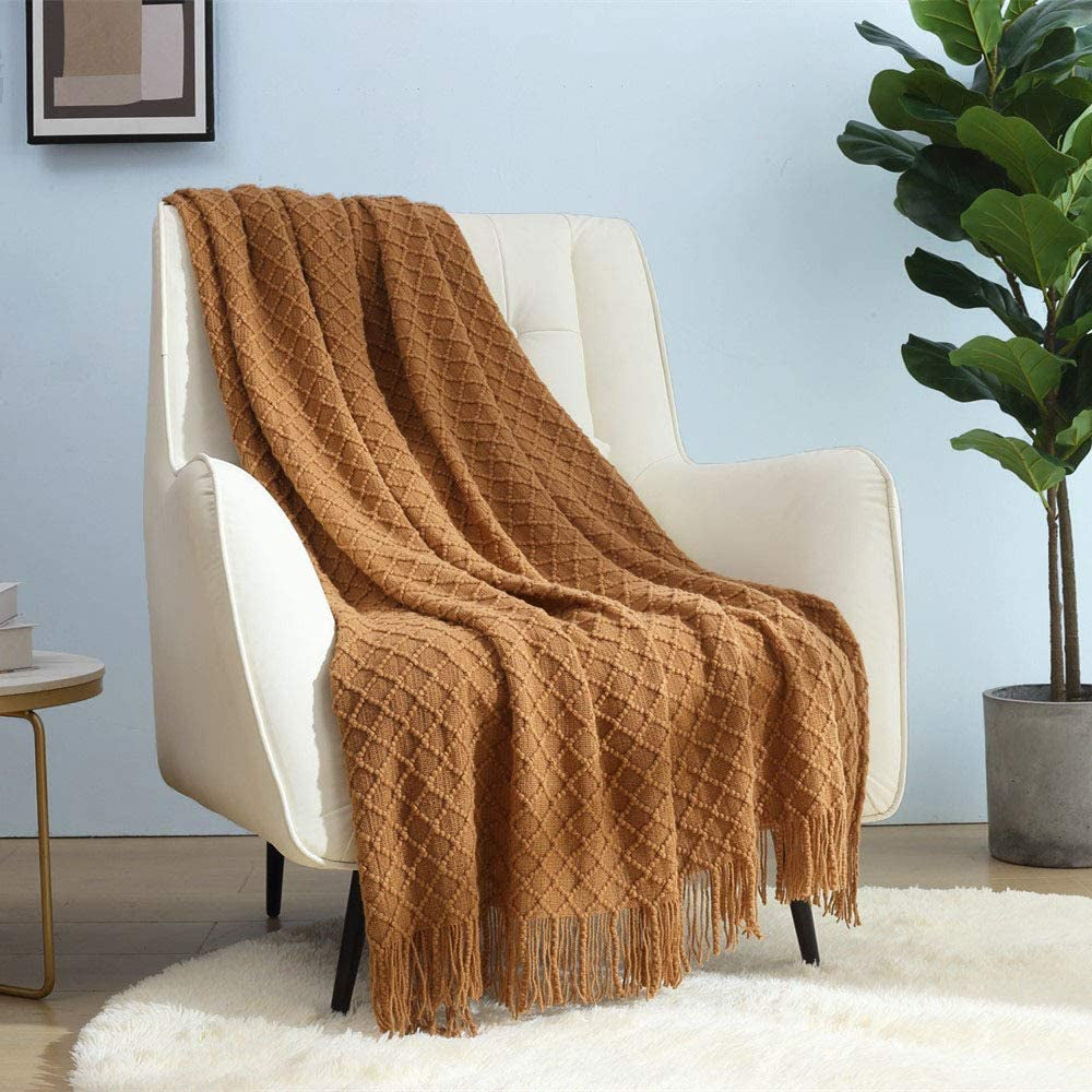 CREVENT Couverture tricotée rouille pour canapé, chaise, lit, décoration d'intérieur, douce, chaude, confortable, légère, printemps, été, automne (127,8 x 152,4 cm caramel/marron/orange brûlé) CREVENT Marron Lits et couvertures