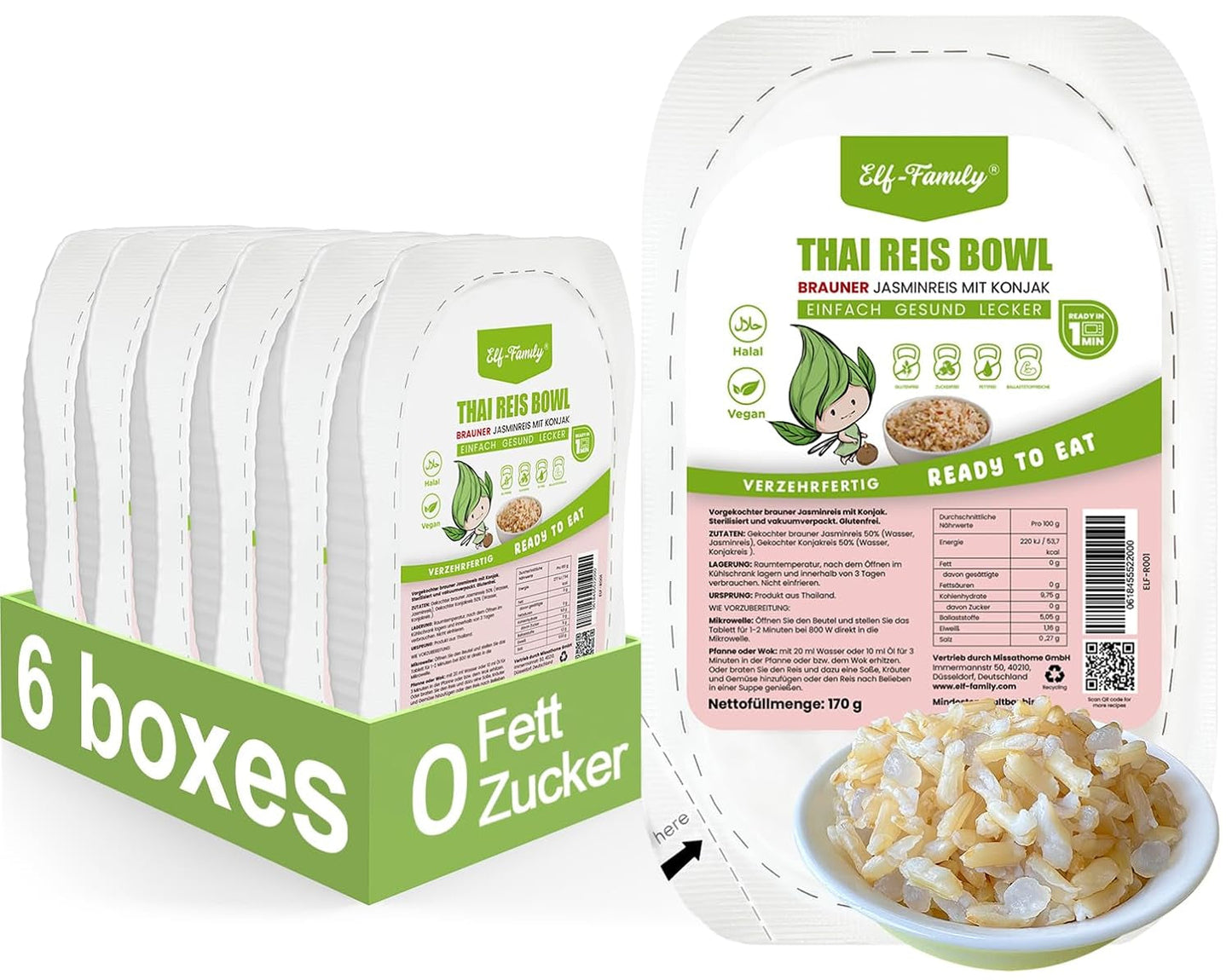 Elf-Family Konjak Reis Thai Brauner Shirataki Bowl -[Boîte pour 1 personne] - Instant Jasmin Reis - Fertiggerichte for Mikrowelle - Natural Superfoods Mikronährstoffe - Vegan/Low Carb/Fettfrei - 6er Box
