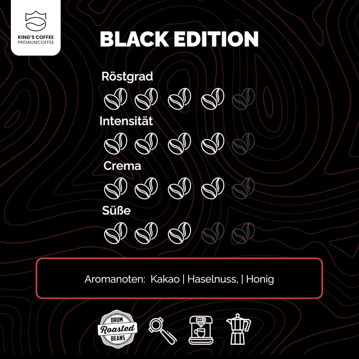KING'S COFFEE - BLACK EDITION - 1 kg de grains de café crème intense - Café à faible acidité - Torréfaction en petits lots d'Italie - Grains d'espresso Arabica forts (mélange) pour machines entièrement automatiques et porte-filtres