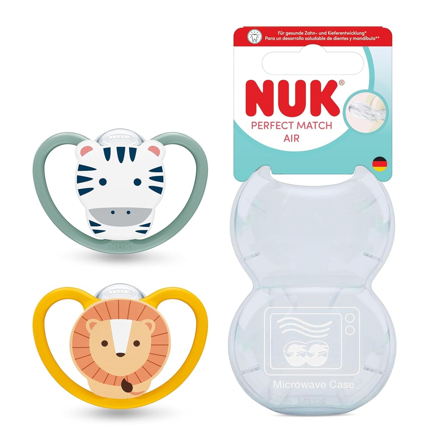 Sucettes NUK Perfect Match Air pour bébés | 6-18 mois | Sucettes orthodontiques qui favorisent la circulation de l'air et préviennent les éruptions cutanées causées par la salive | 95 % d'acceptation par les bébés** | Zèbre/Léo | Paquet de 2