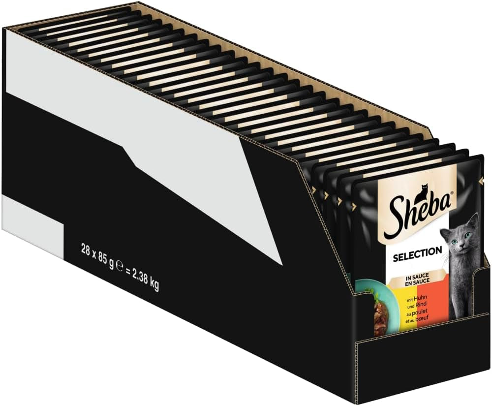 Nourriture humide pour chats Sheba Selection en sachets portionnés avec poulet et bœuf en sauce 28x85g